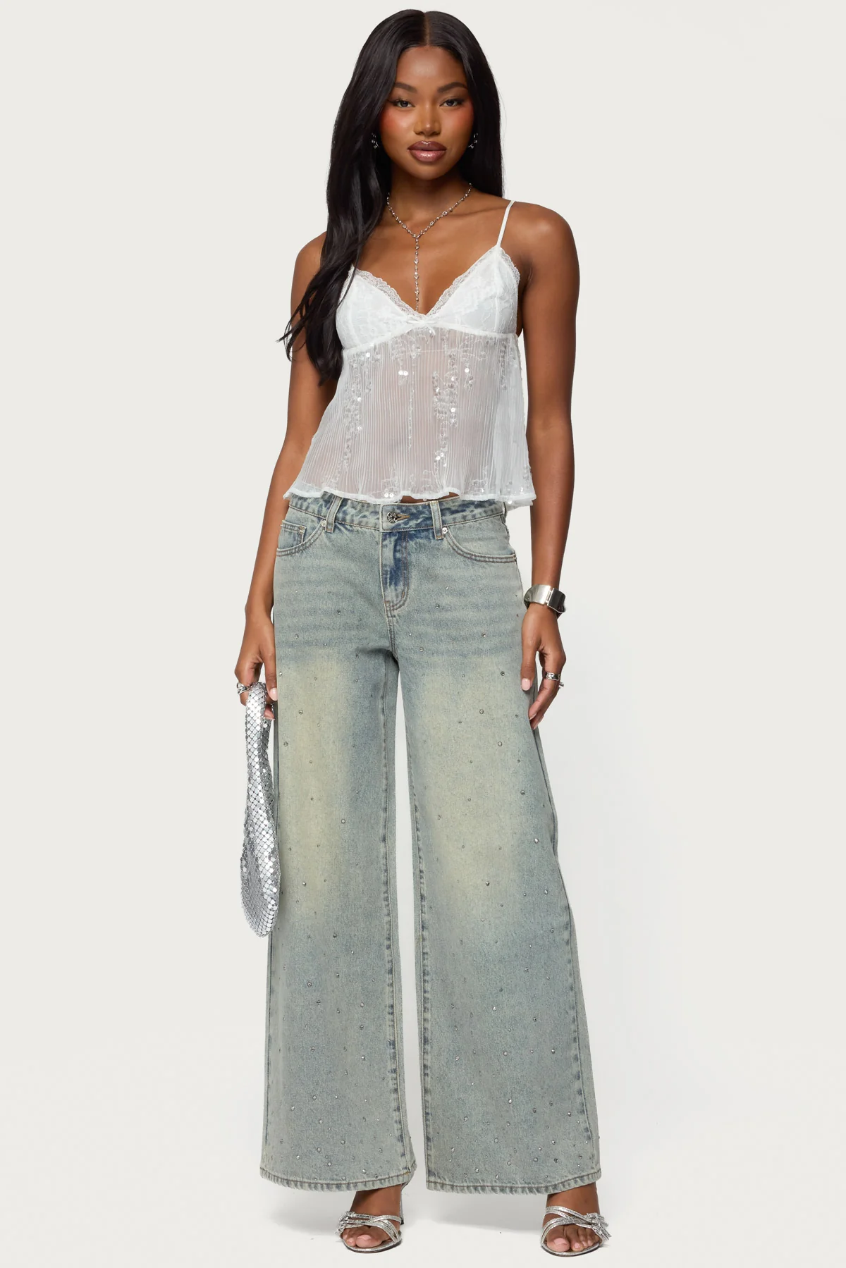 Sequin Sheer Mesh Babydoll Top