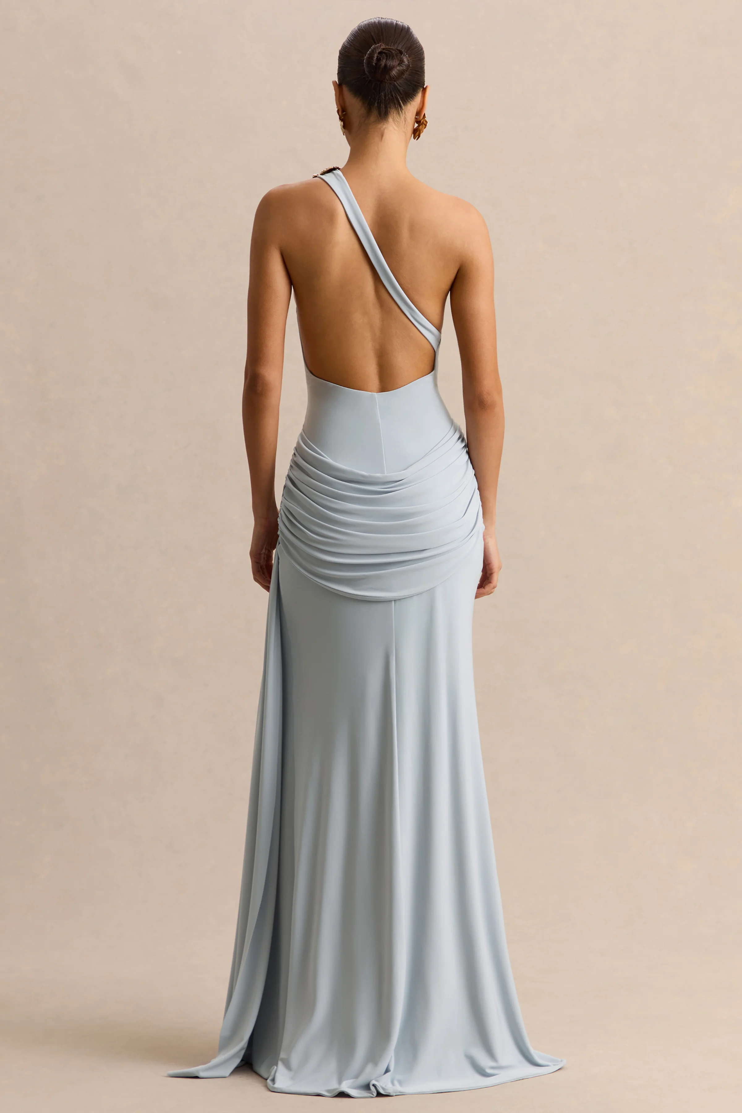 Belrose | Blue Asymmetric-Neck Maxi Dress With Gold-Detail And Front-High Split