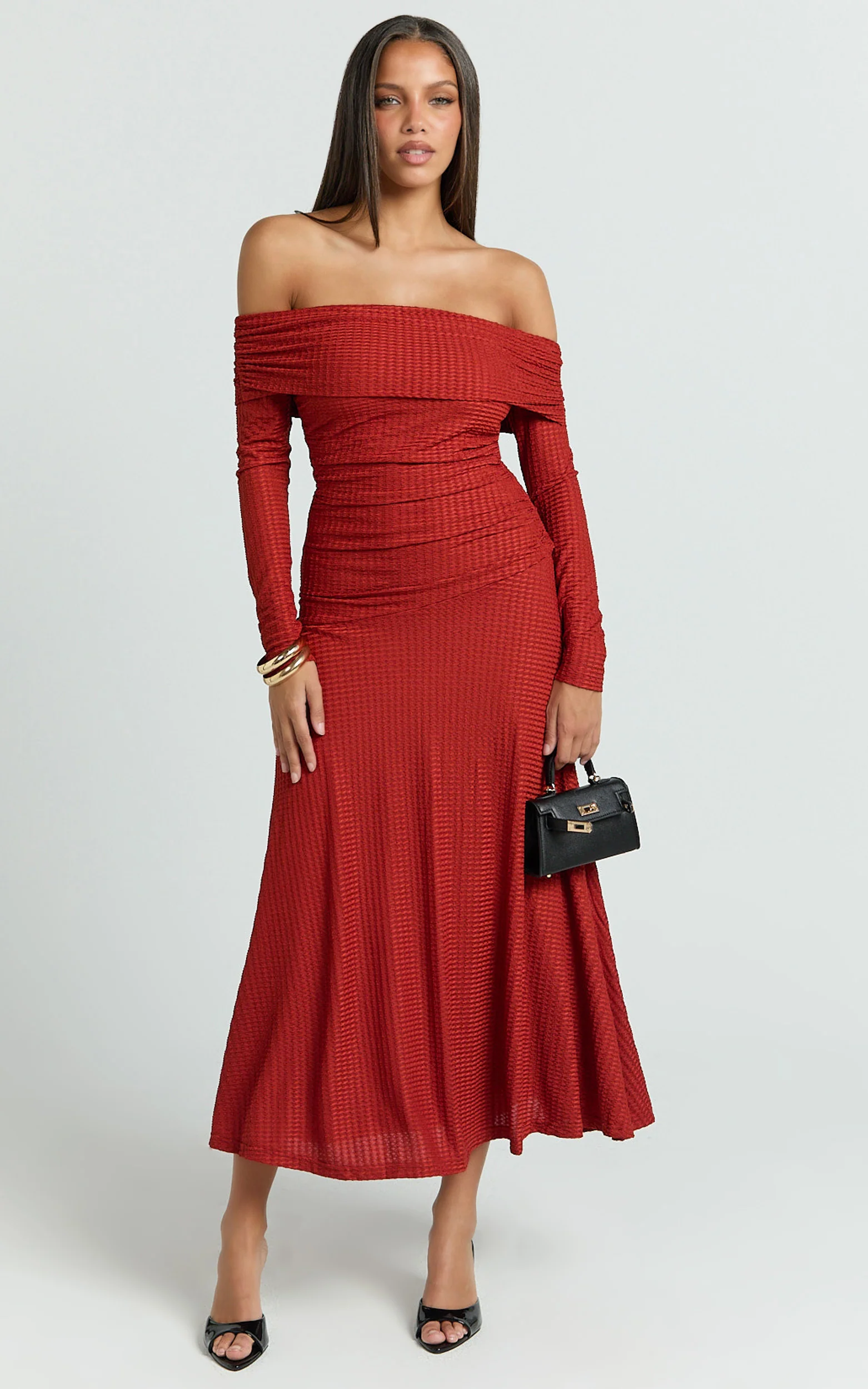 Perla Midi Dress - Off The Shoulder Sleeve Drop Waist Dress in Red