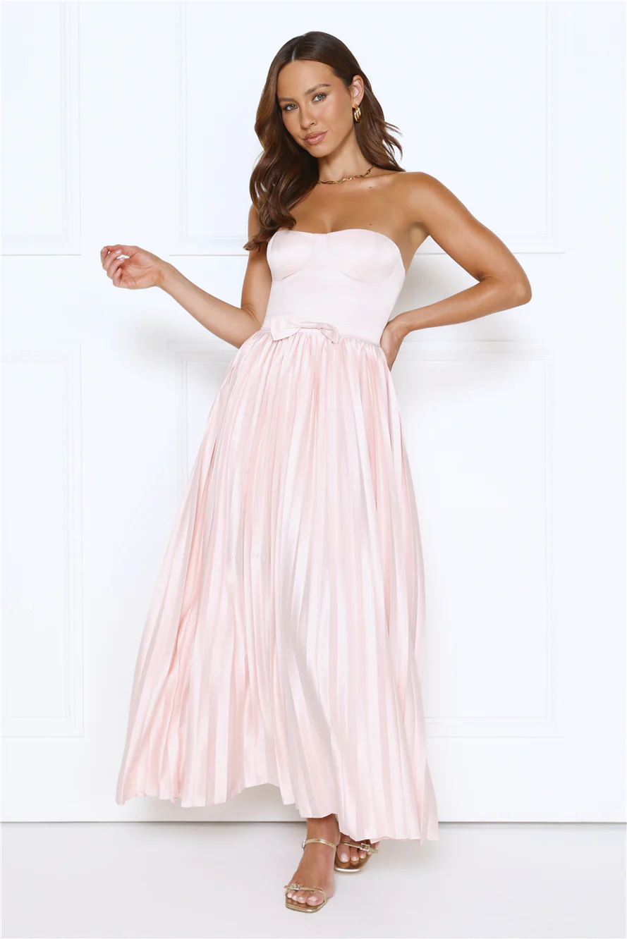Glossed Over Strapless Satin Pleated Maxi Dress Pink