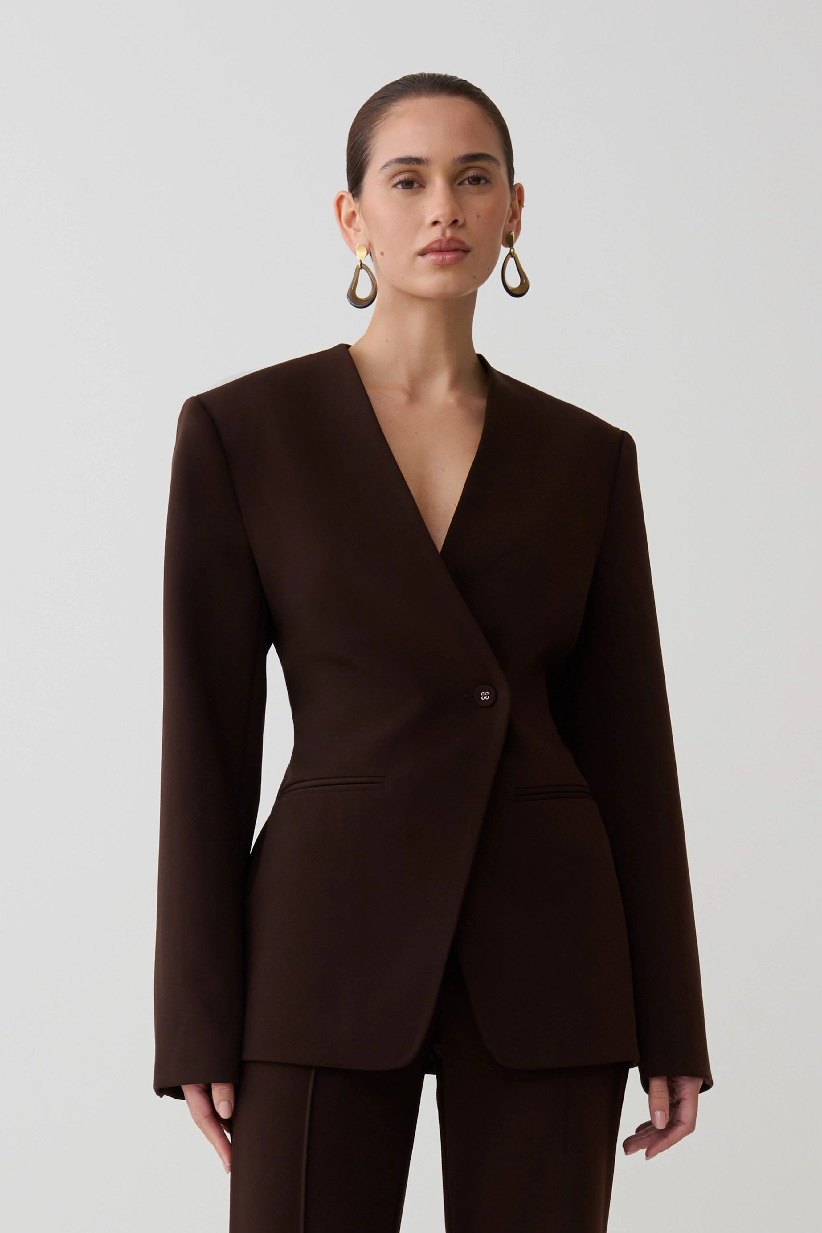 Darcie Drop Shoulder Suiting Blazer - Dark Chocolate