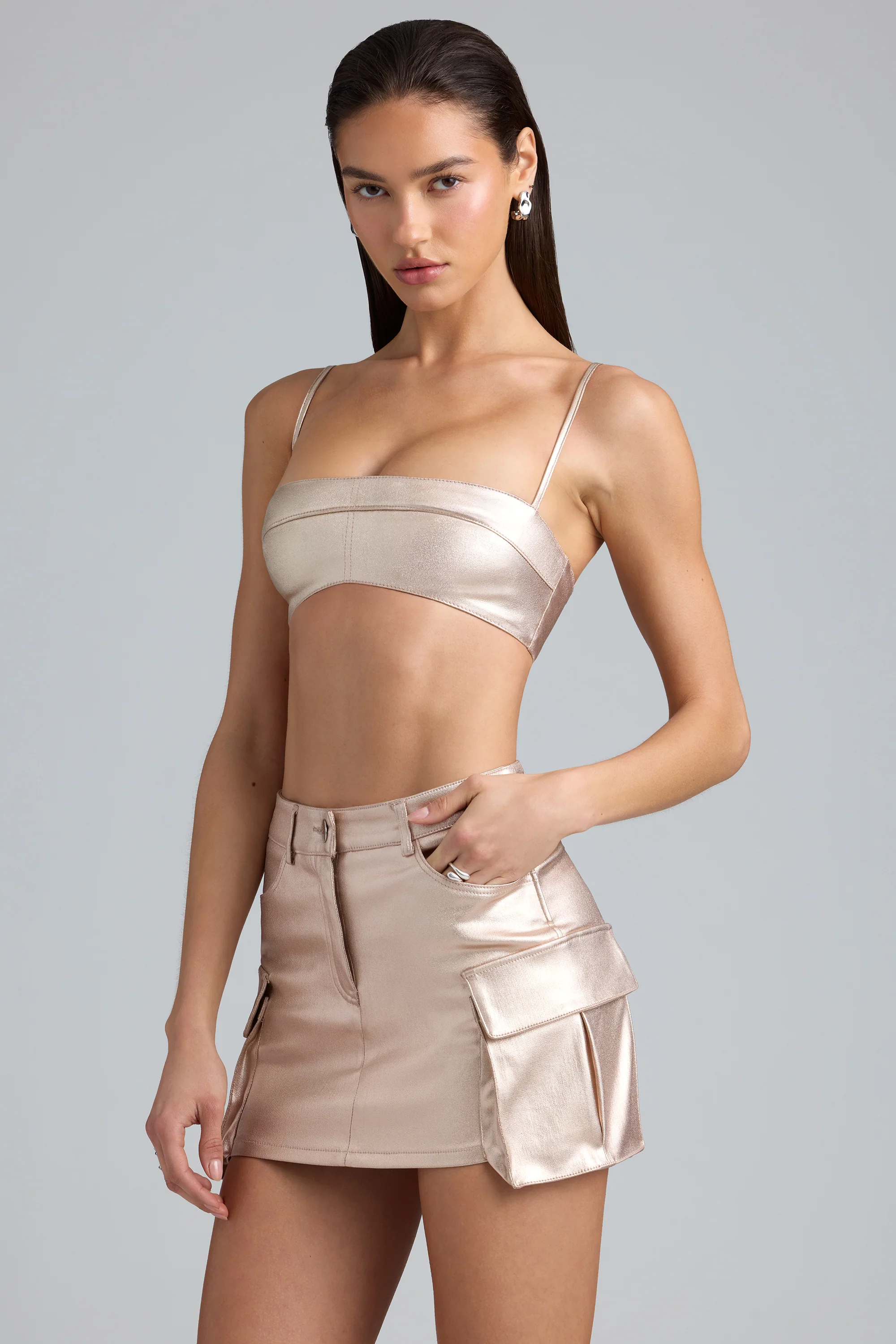 Metallic Denim Mid-Rise Cargo Mini Skirt in Champagne