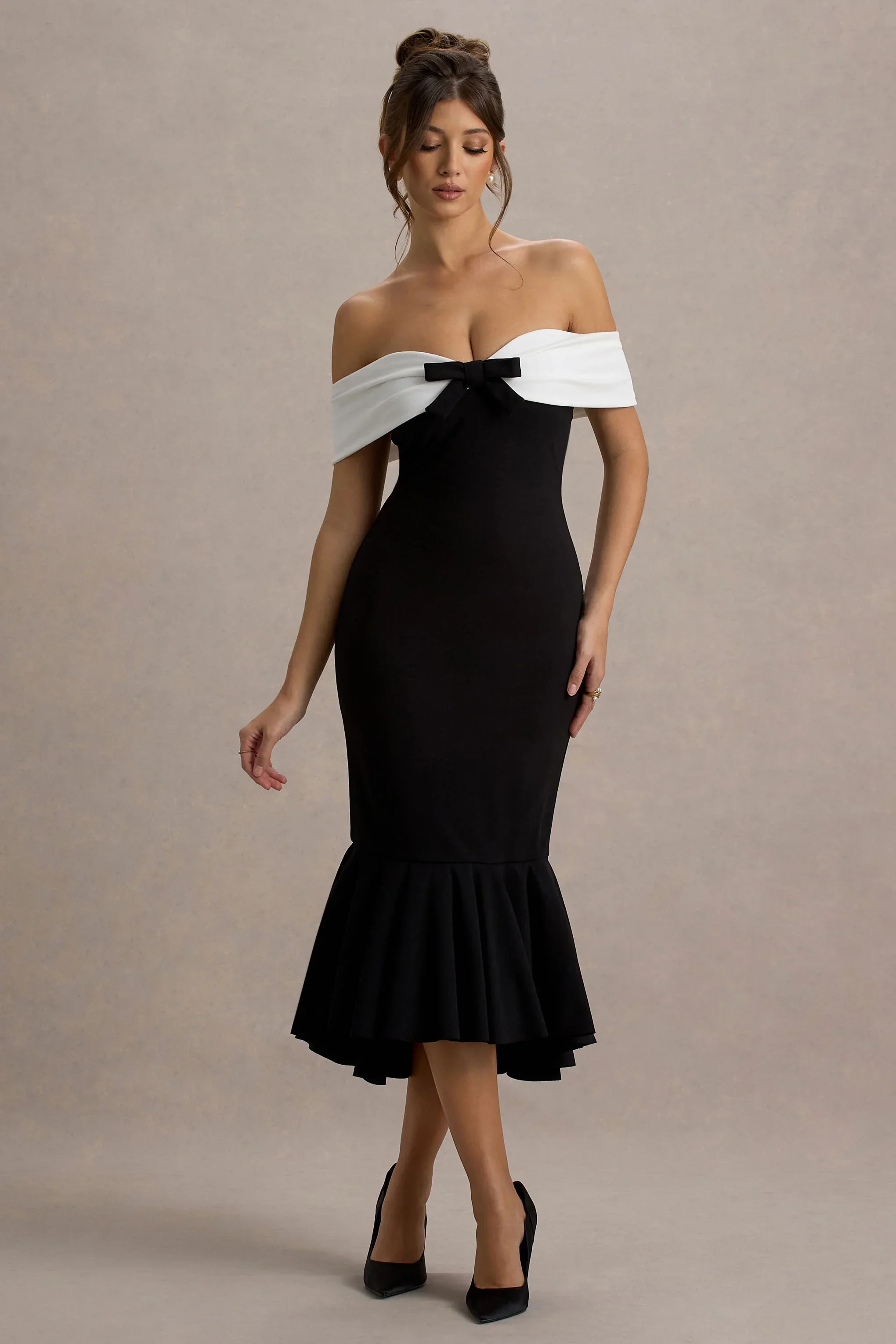 Corola | Black & White Bardot Volume-Hem Midi Dress