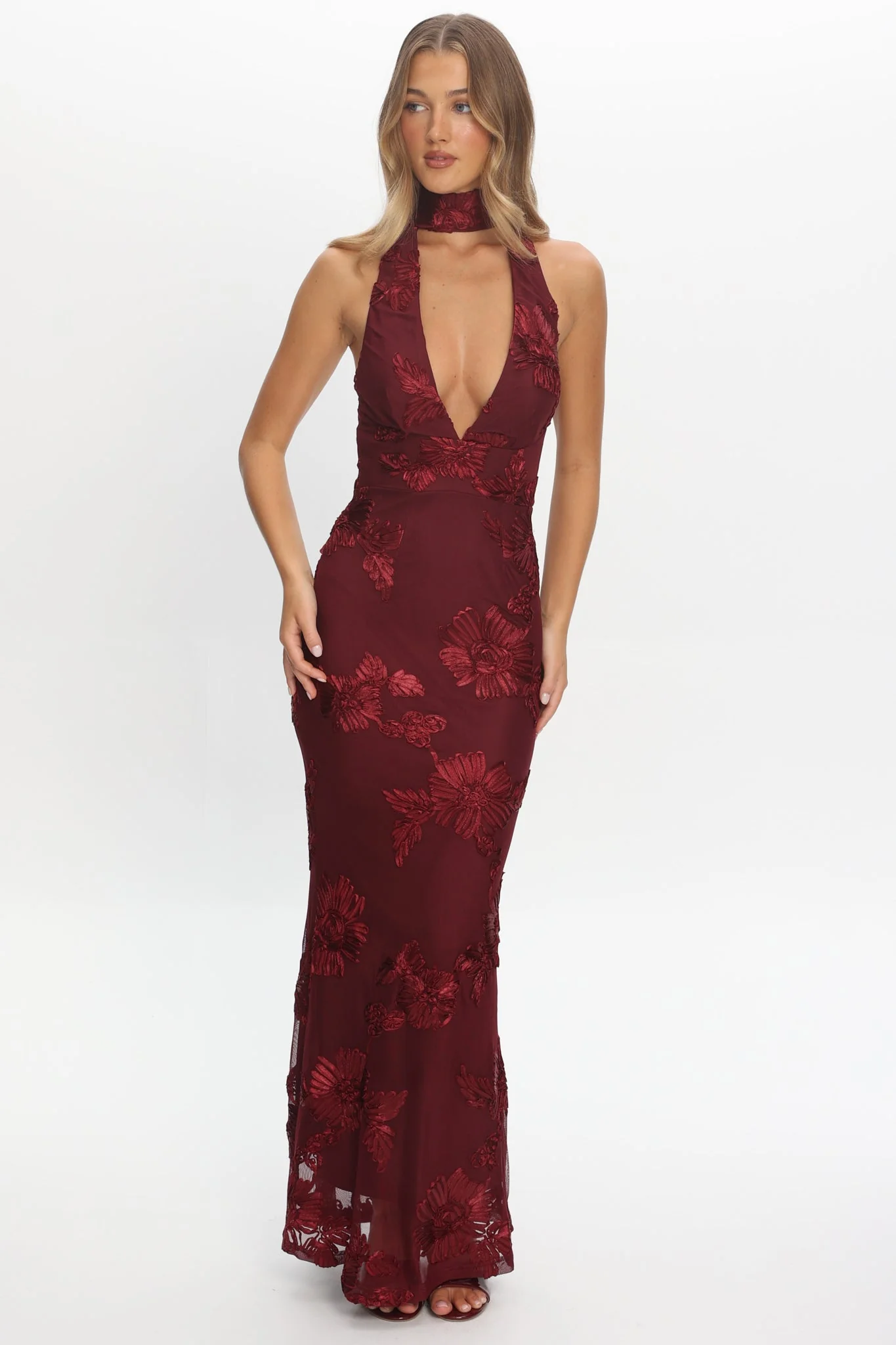Cipriana Backless Halter Maxi Dress Embellished Wine