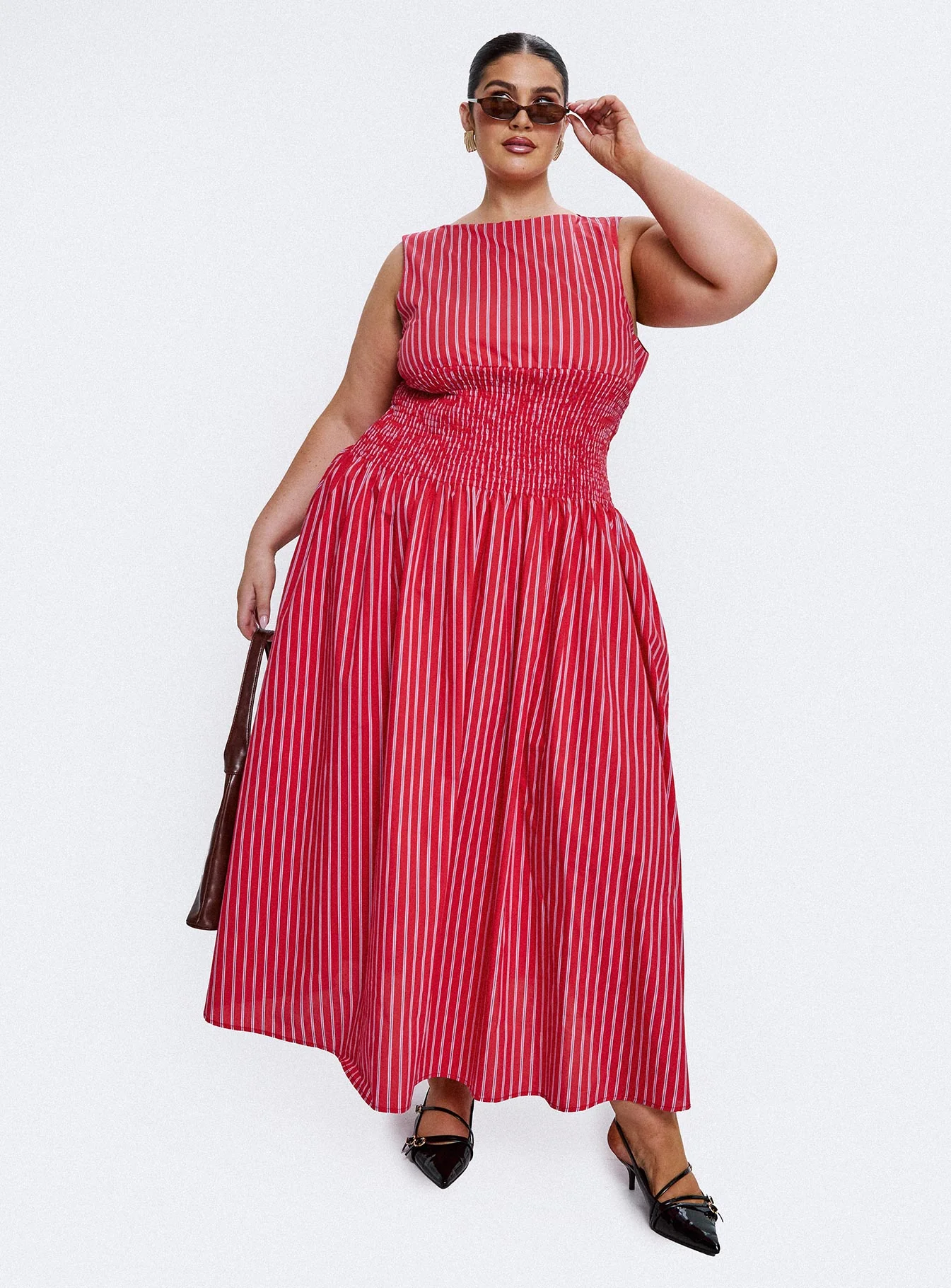 Lilienne Cotton Poplin Maxi Dress Red Stripe Curve