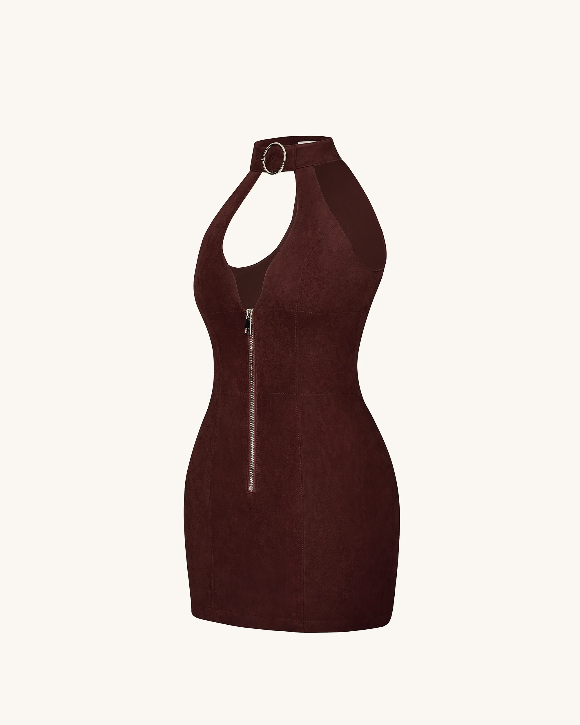 Ruby Halter Neck Zipper Mini Dress - Coffee Red - FASHION NOB