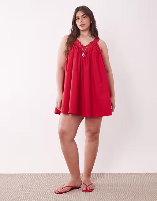Curve poplin v-neck mini smock sundress with lace overlay in tomato red
