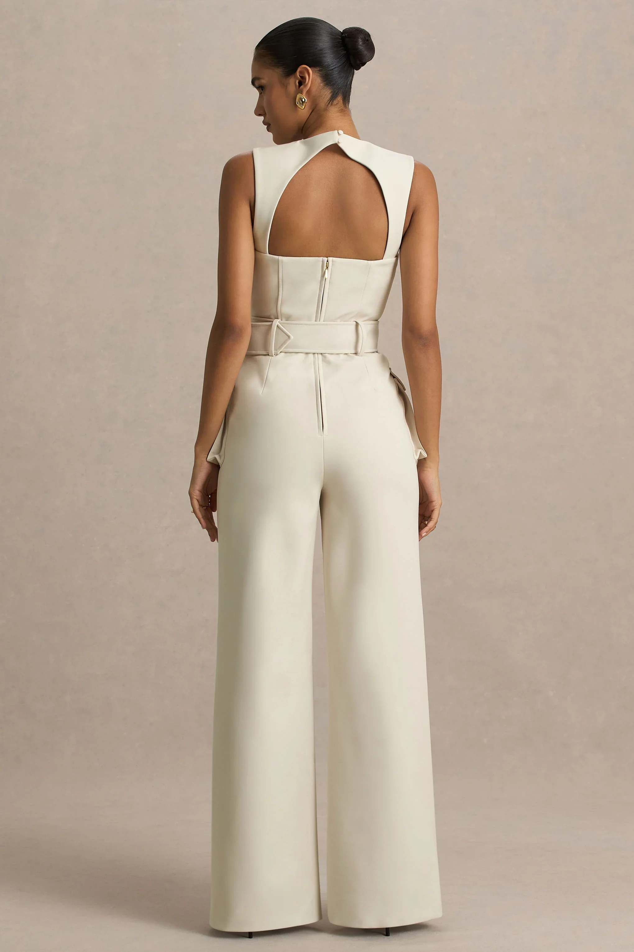 Solice | Cream Square-Neck Tailored Jumpsuit