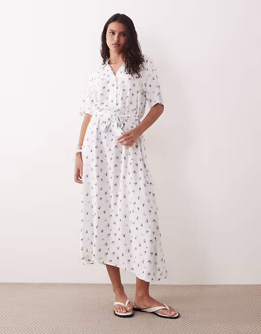 JDY tie waist midi dress in white ditsy floral