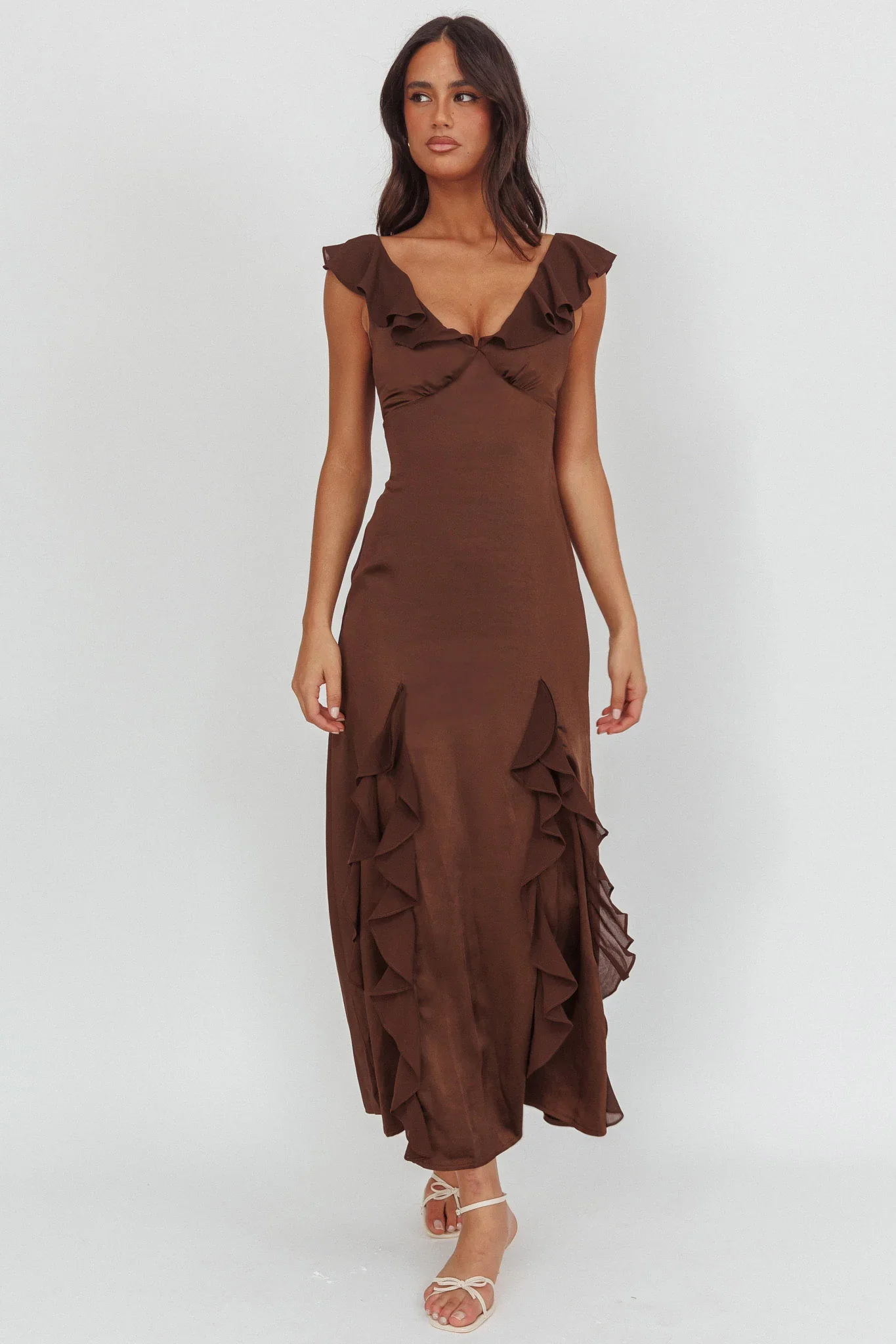 Zerai Ruffle Trimmed Maxi Dress Chocolate