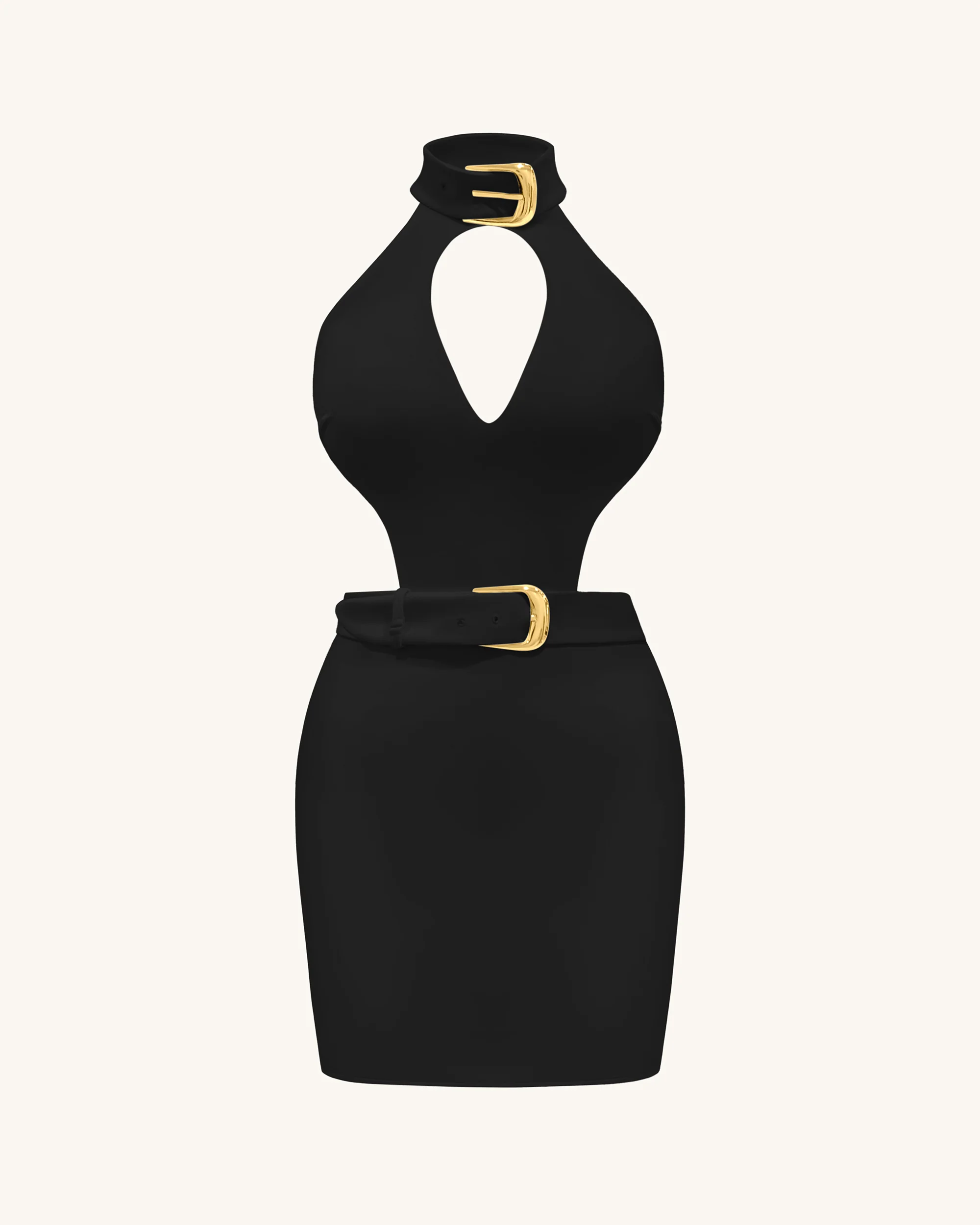 Gabriella Belted Cutout Halter Mini Dress - Black - FASHION NOB
