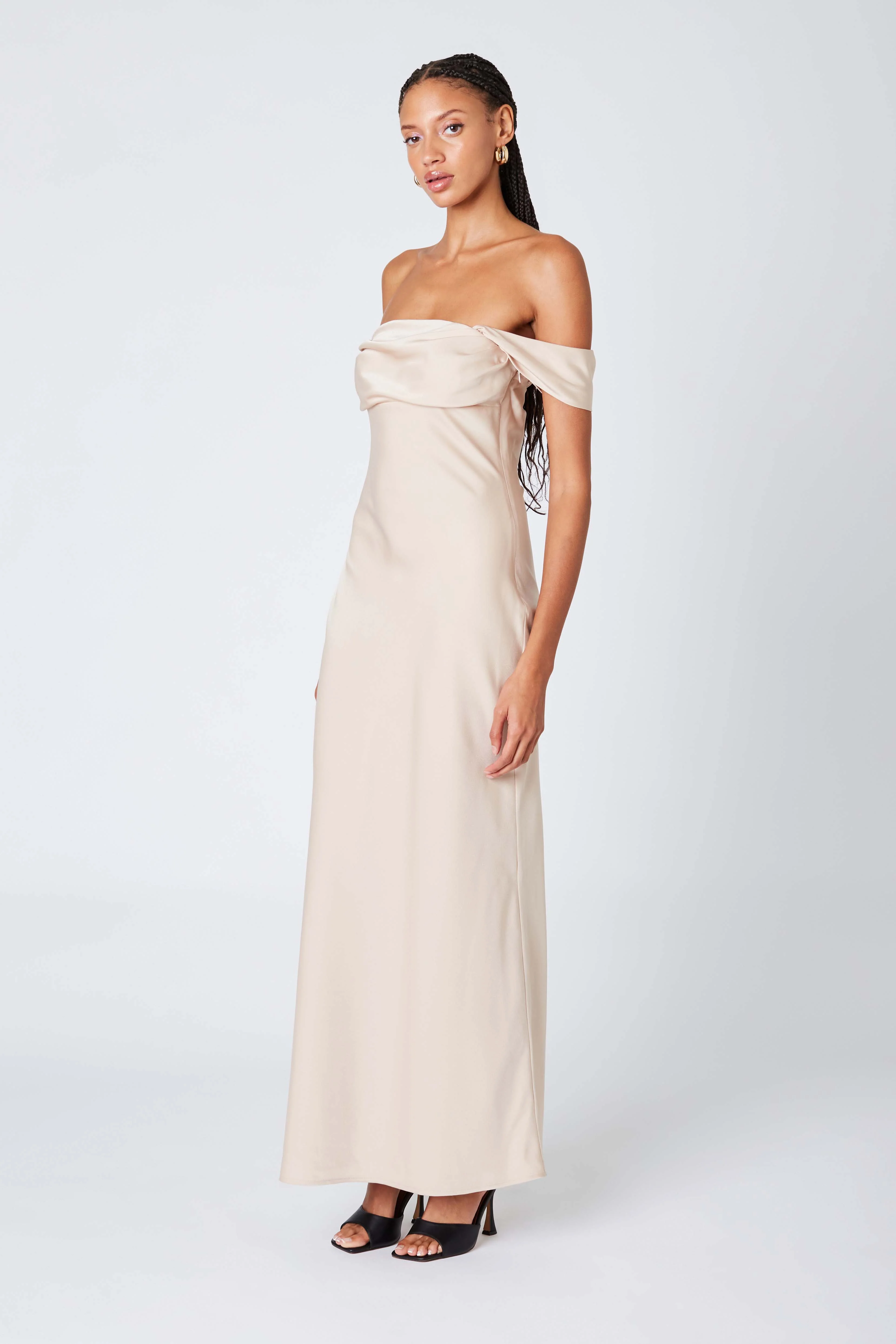 Satin Off the Shoulder Maxi Dress
