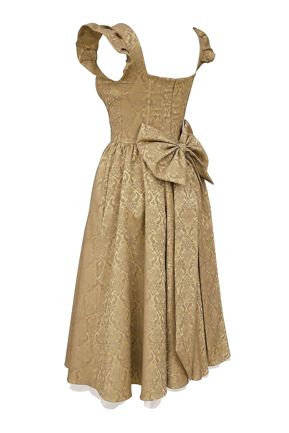Gold Jacquard Midi Dress With Detachable Bow