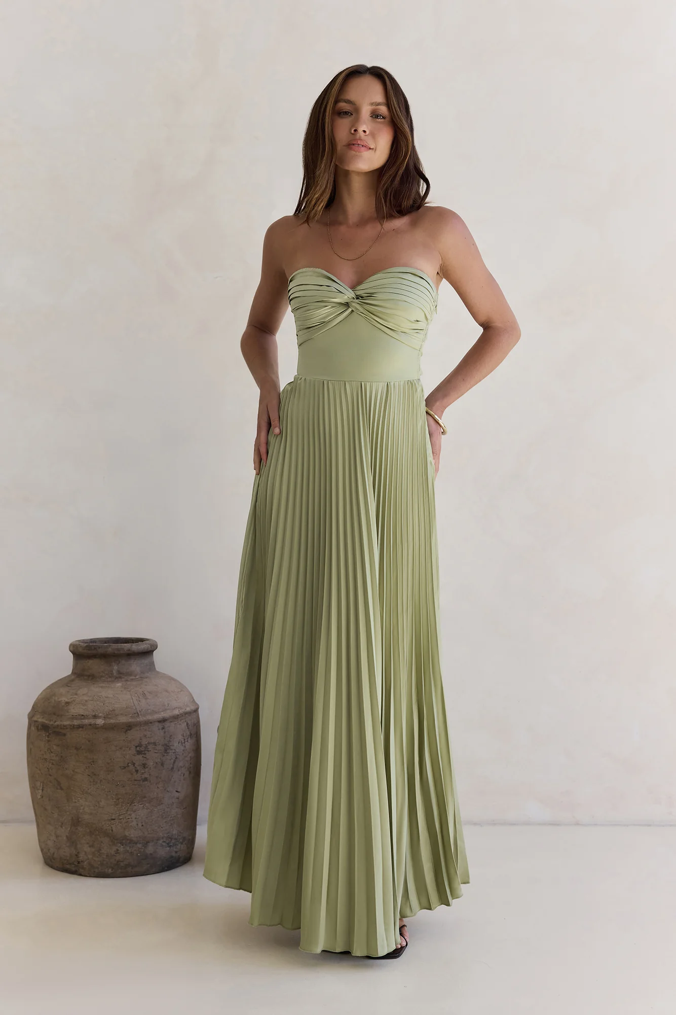 Decades Ago Plisse Strapless Maxi Dress Green