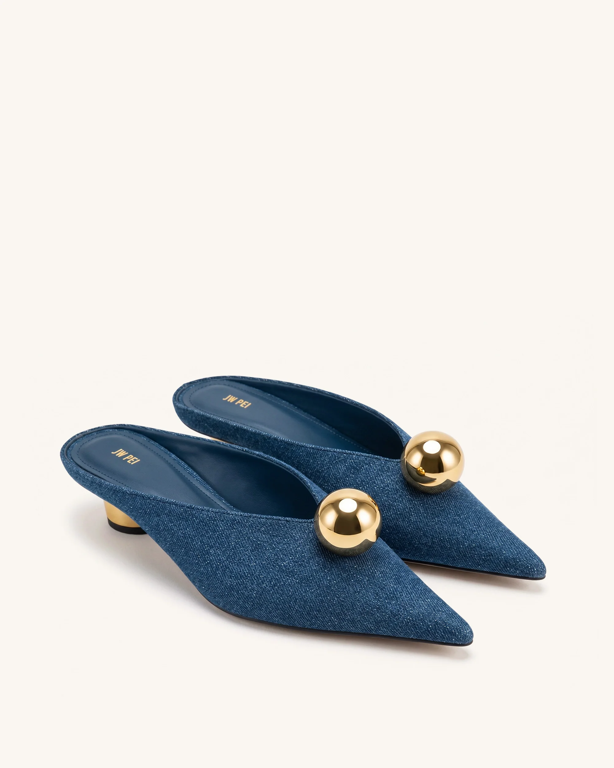 Helena Gold Sphere Pointed Toe Mules - Denim Blue