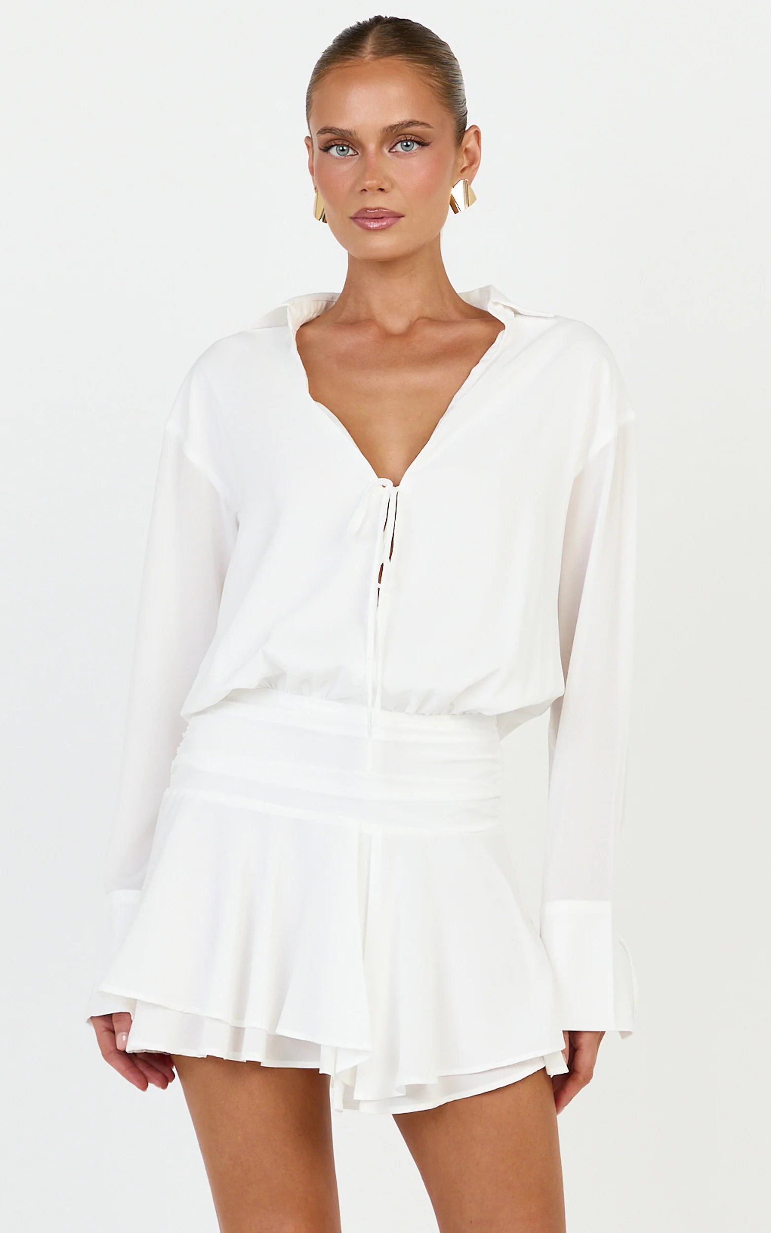 Melanie Mini Dress -  Tie Front Long Sleeve Shirt Dress in Black
