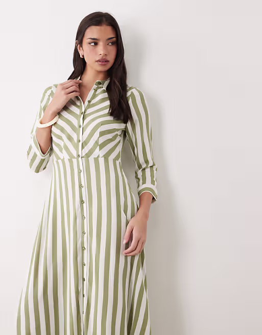YAS maxi shirt dress in white and oil green stripes