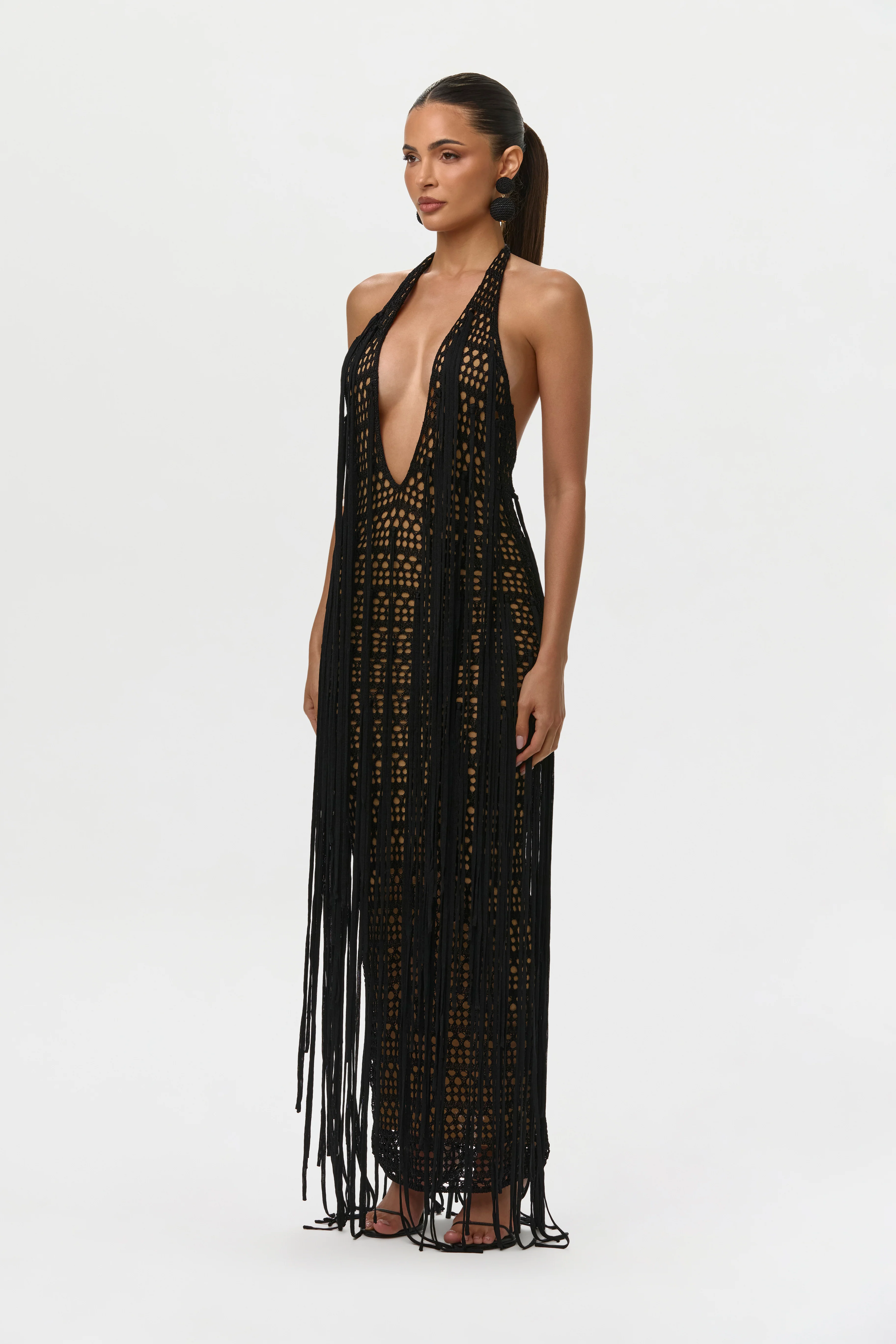 Crochet Plunge Fringe Maxi Dress