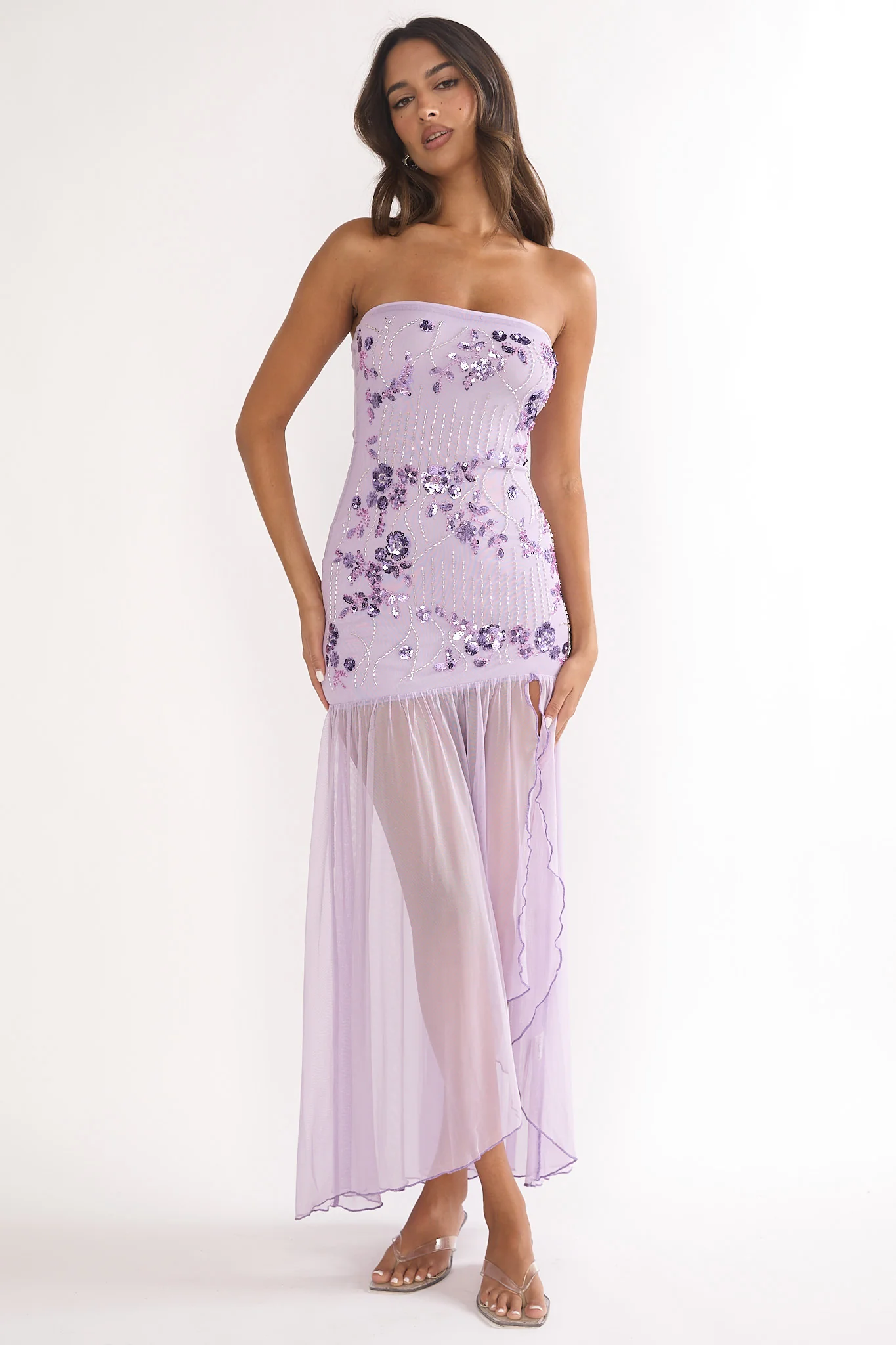 Jezra Strapless Sequin Embellished Maxi Dress Purple