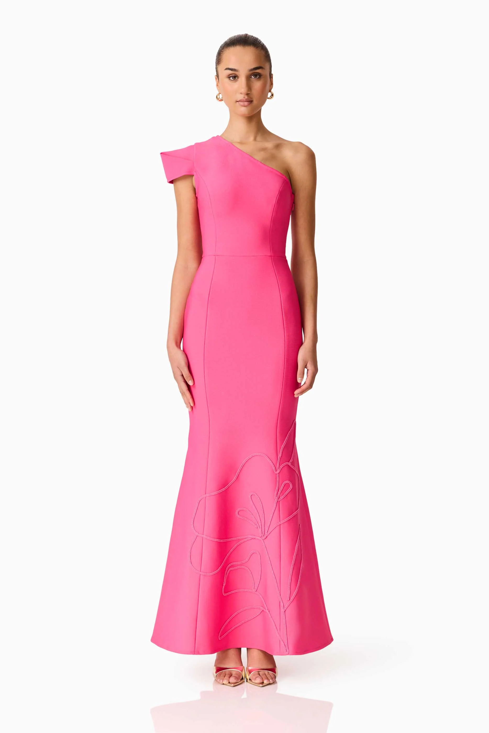 Opline One Shoulder Gown in Hot Pink