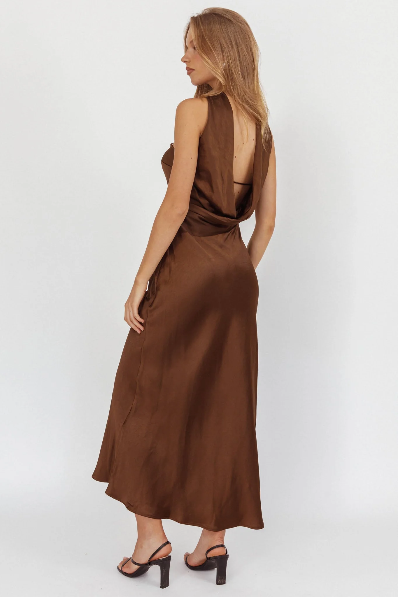 Damsel Reverse Halter Maxi Dress Satin Chocolate