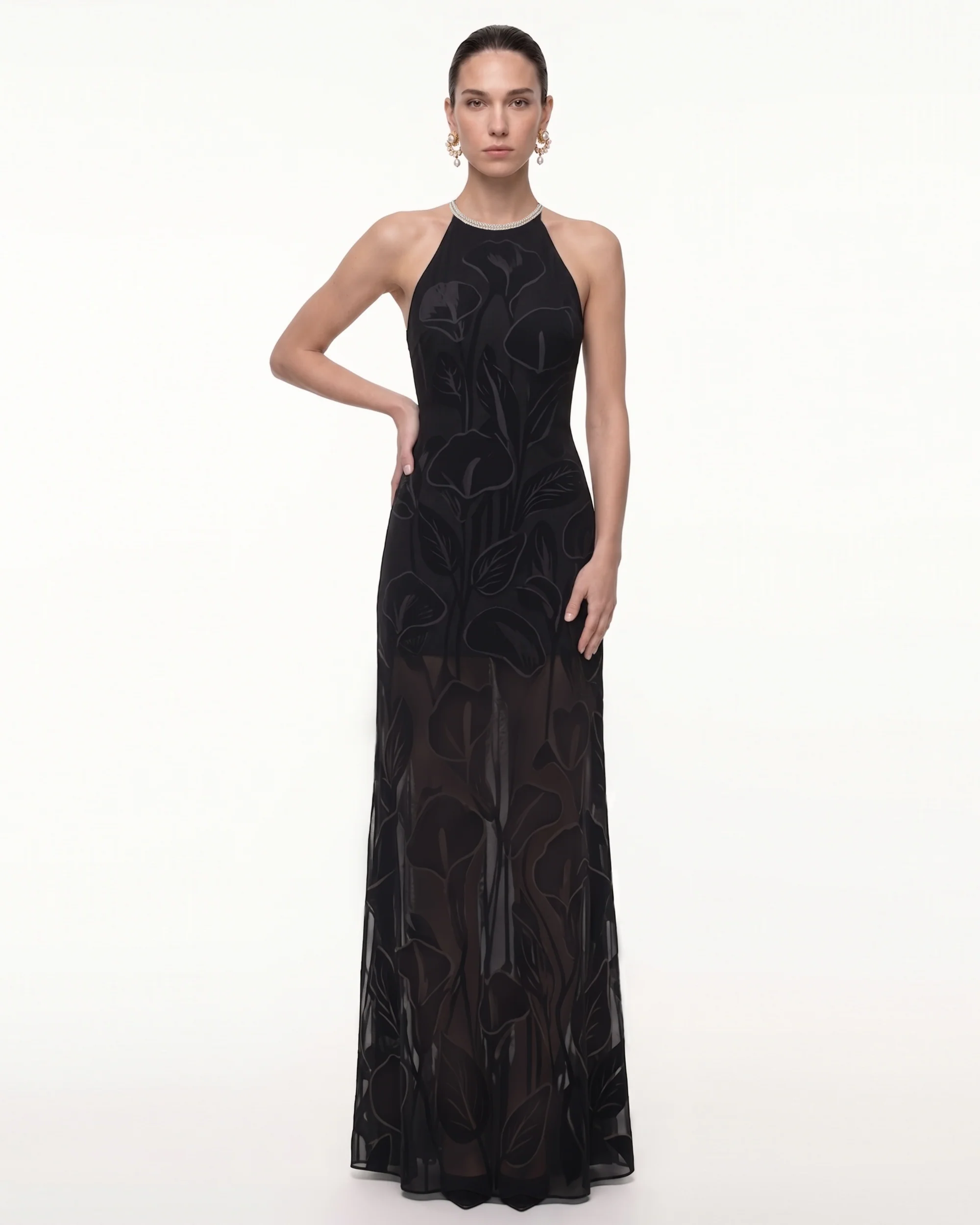 Calla Lily Sheer Halter Maxi Dress - Black