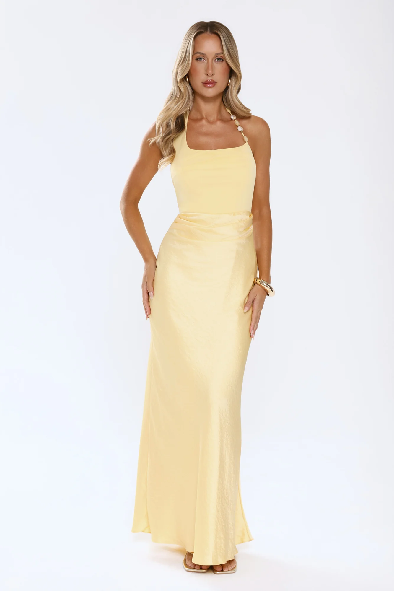 The Dress Effect Satin Halter Maxi Dress Yellow