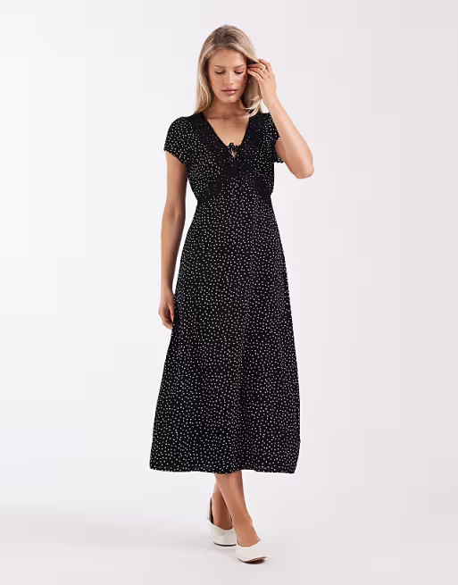 Brave Soul tie front midi dress with lace detail in black polka dot print