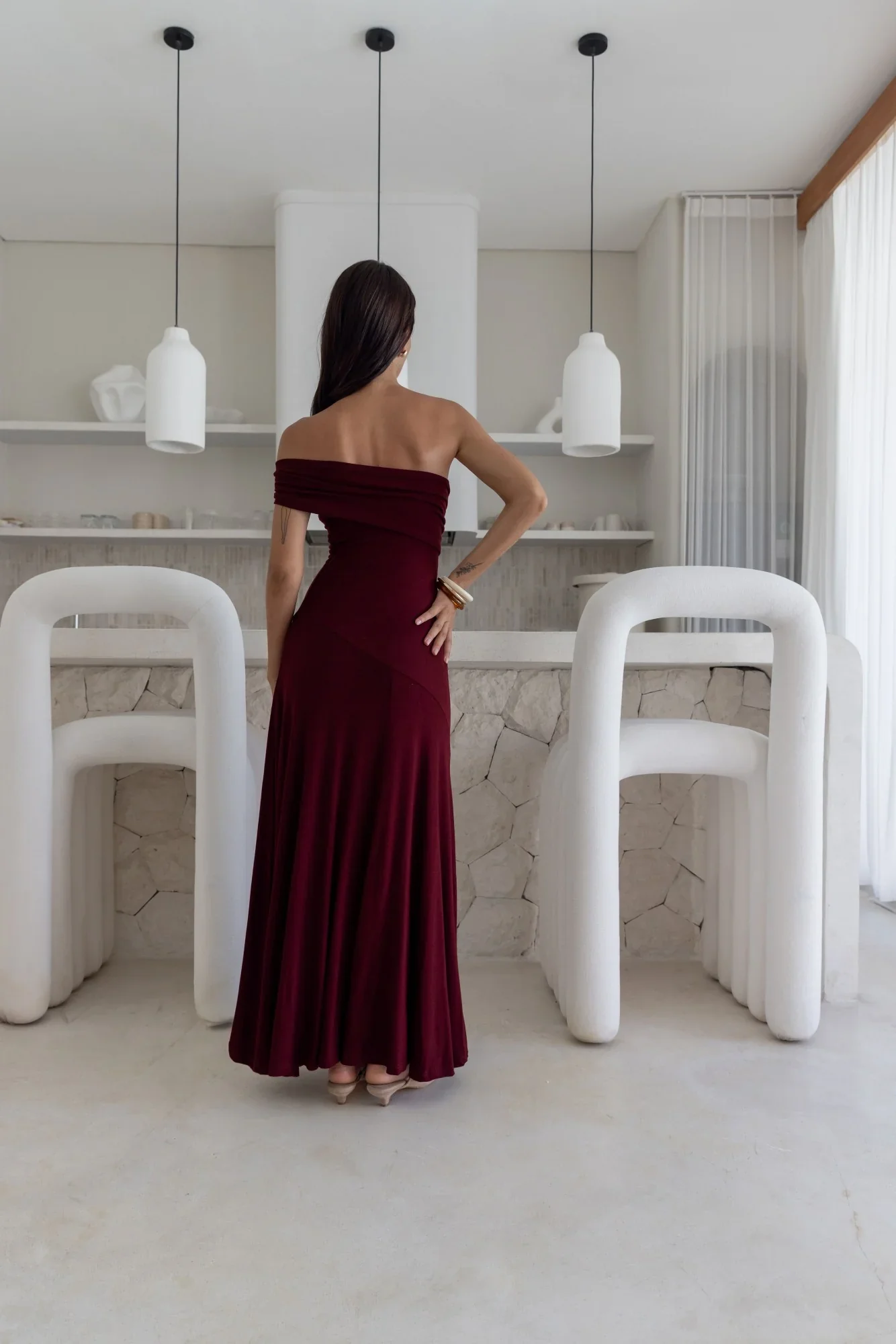 Sundown Secrets Off Shoulder Maxi Dress Wine