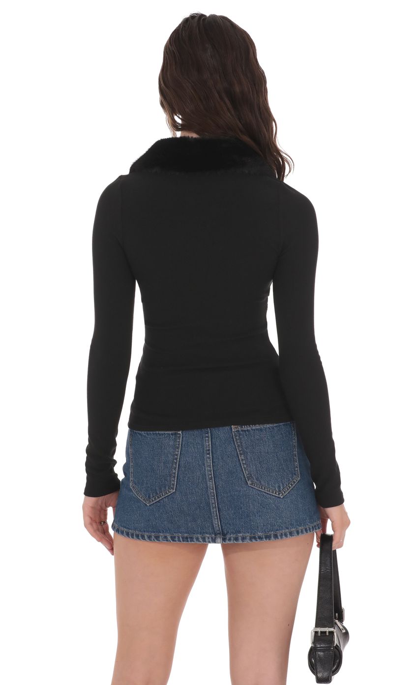 Fur Collar Zip-Up Cardigan in Black