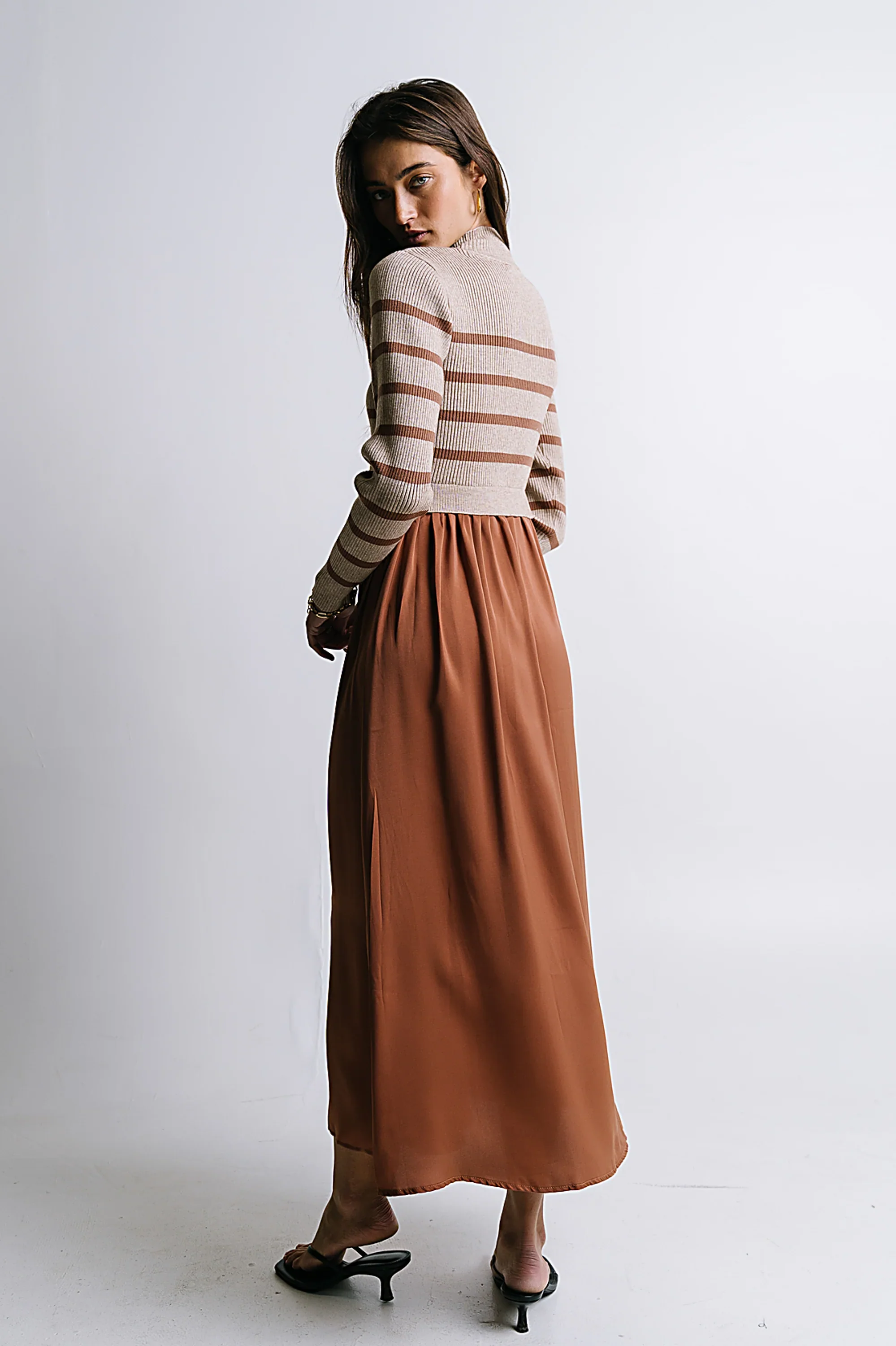 Zeda Midi Dress in Brown Stripe