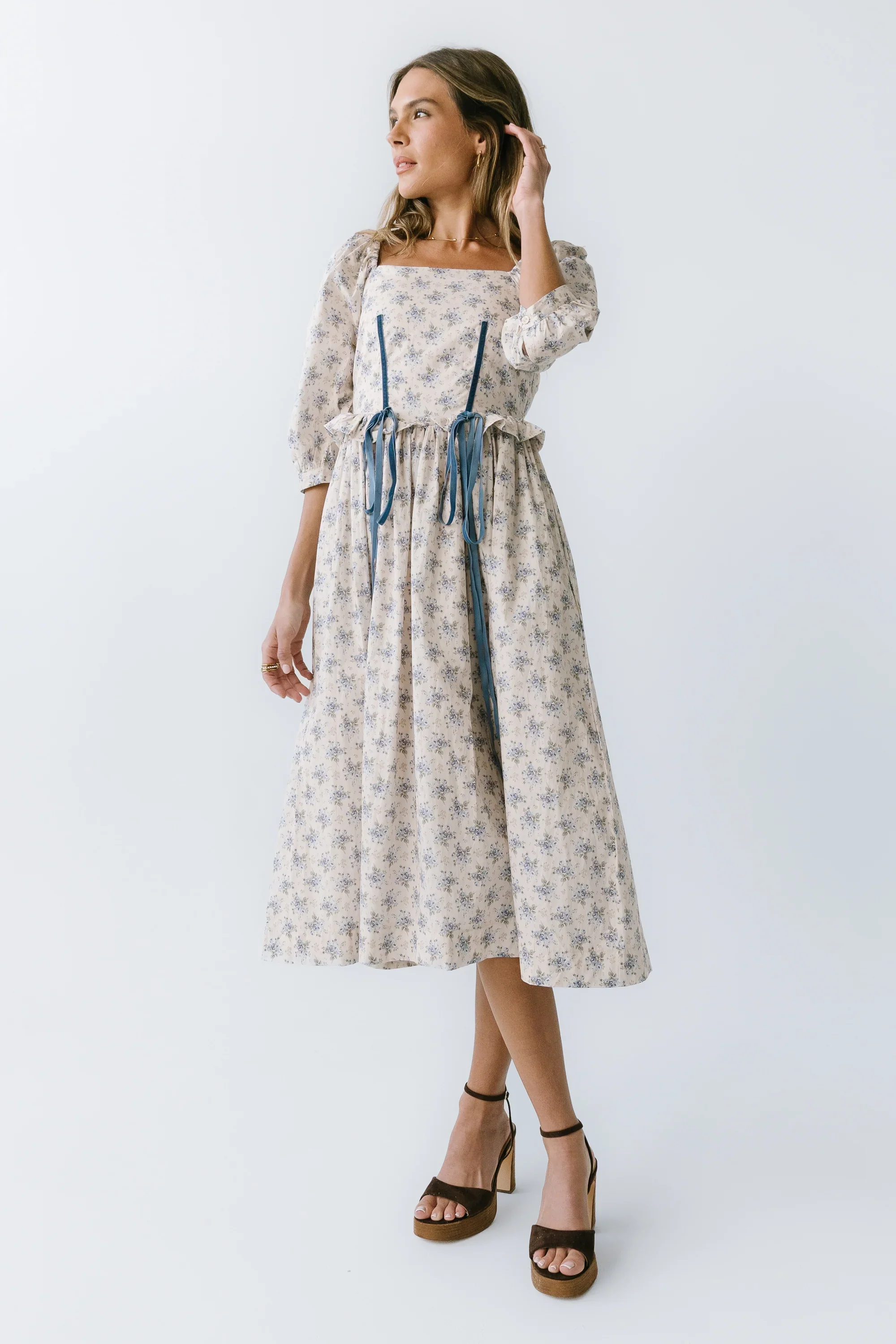 Gloria Floral Midi Dress in Ecru