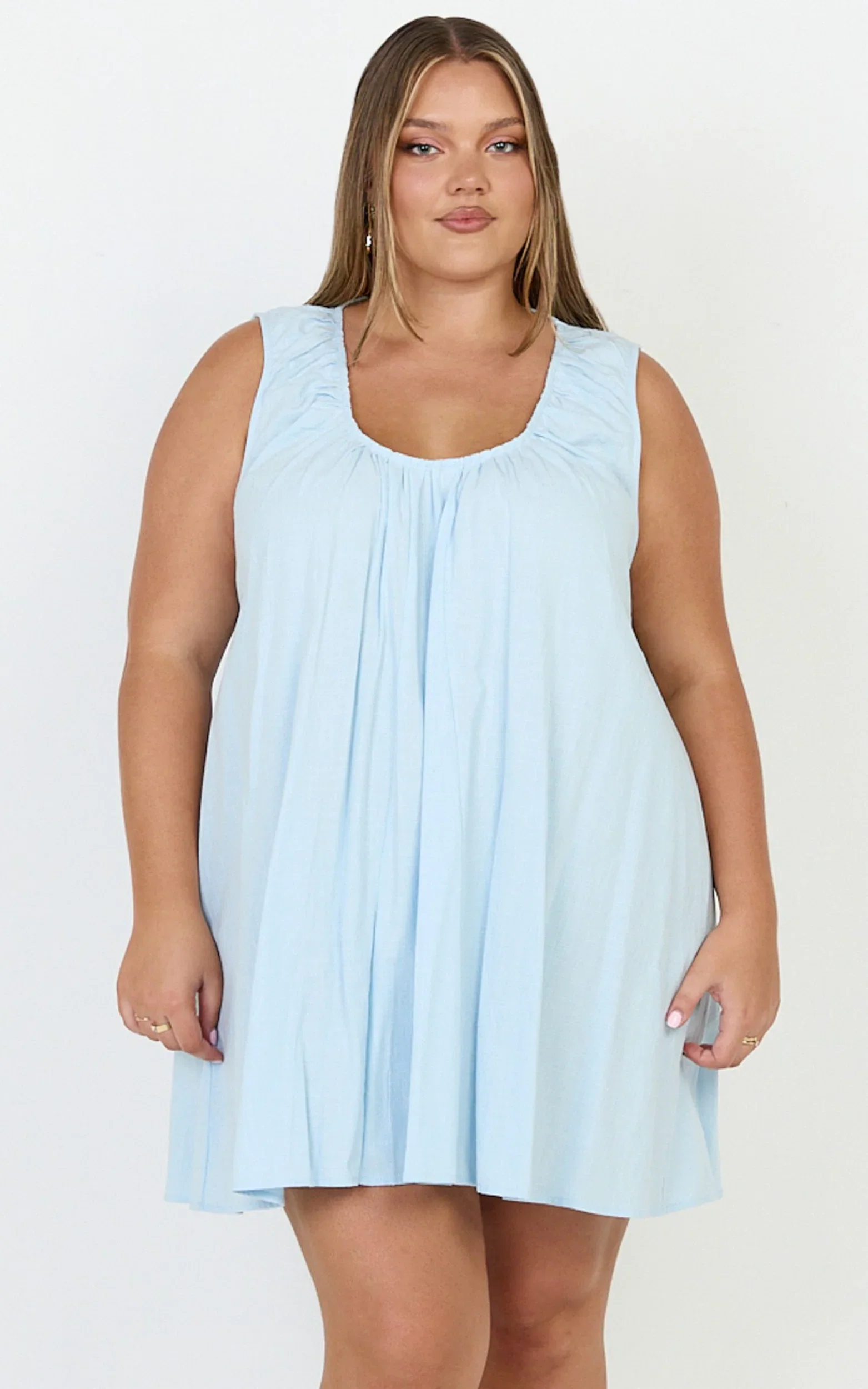 Lucinda Mini Dress - Deep U Gathered Neck Smock Dress in Pale Blue