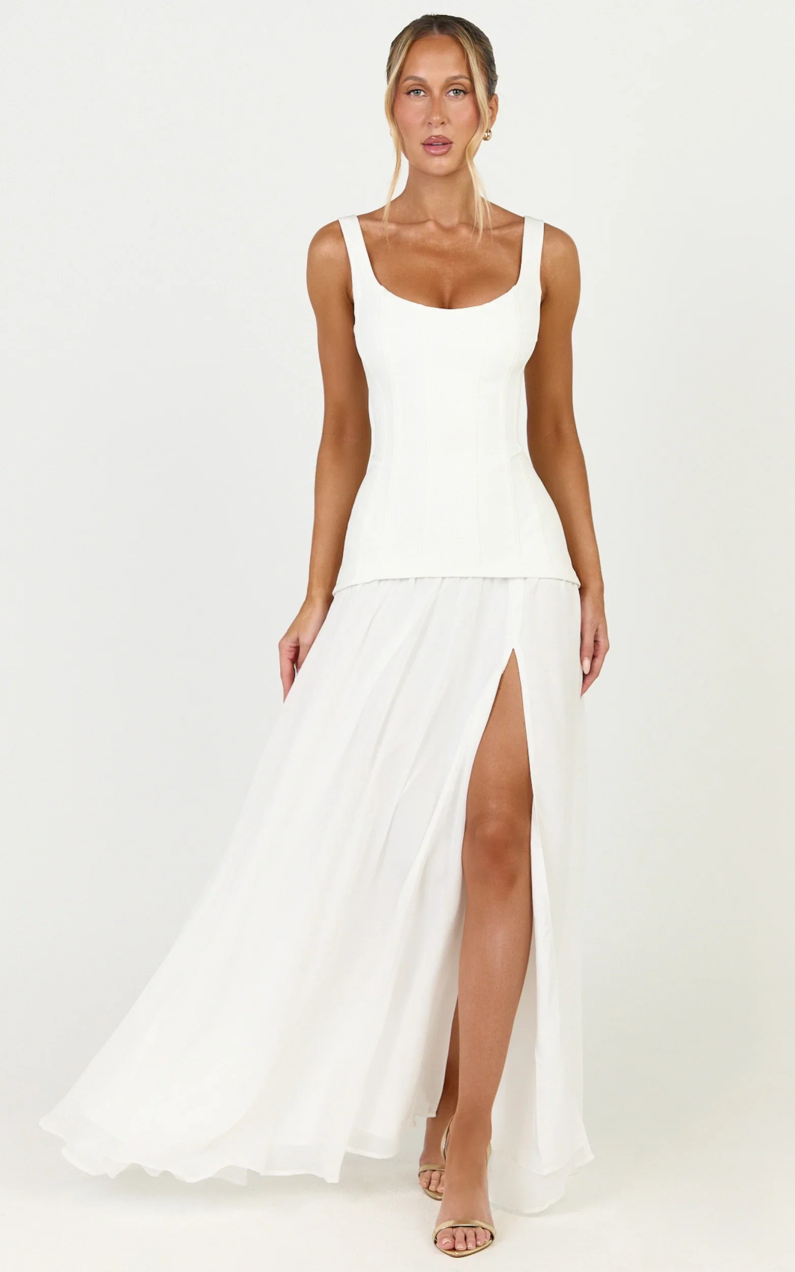 Coco Maxi Dress - Corset Bodice Fit And Flare Dress in White