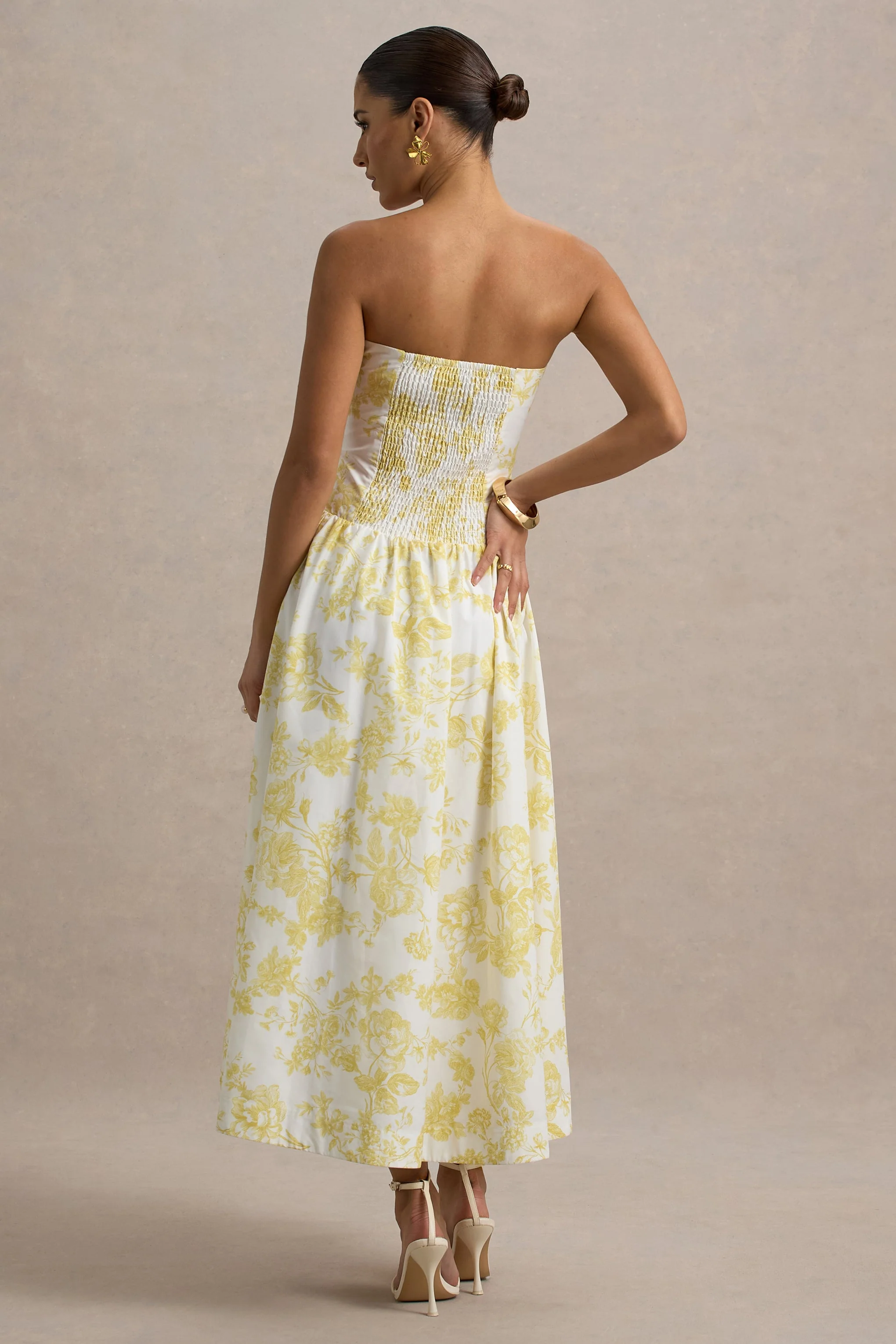 Bluebell | Lemon Porcelain Print Poplin Bandeau Drop-Waist Midi Dress