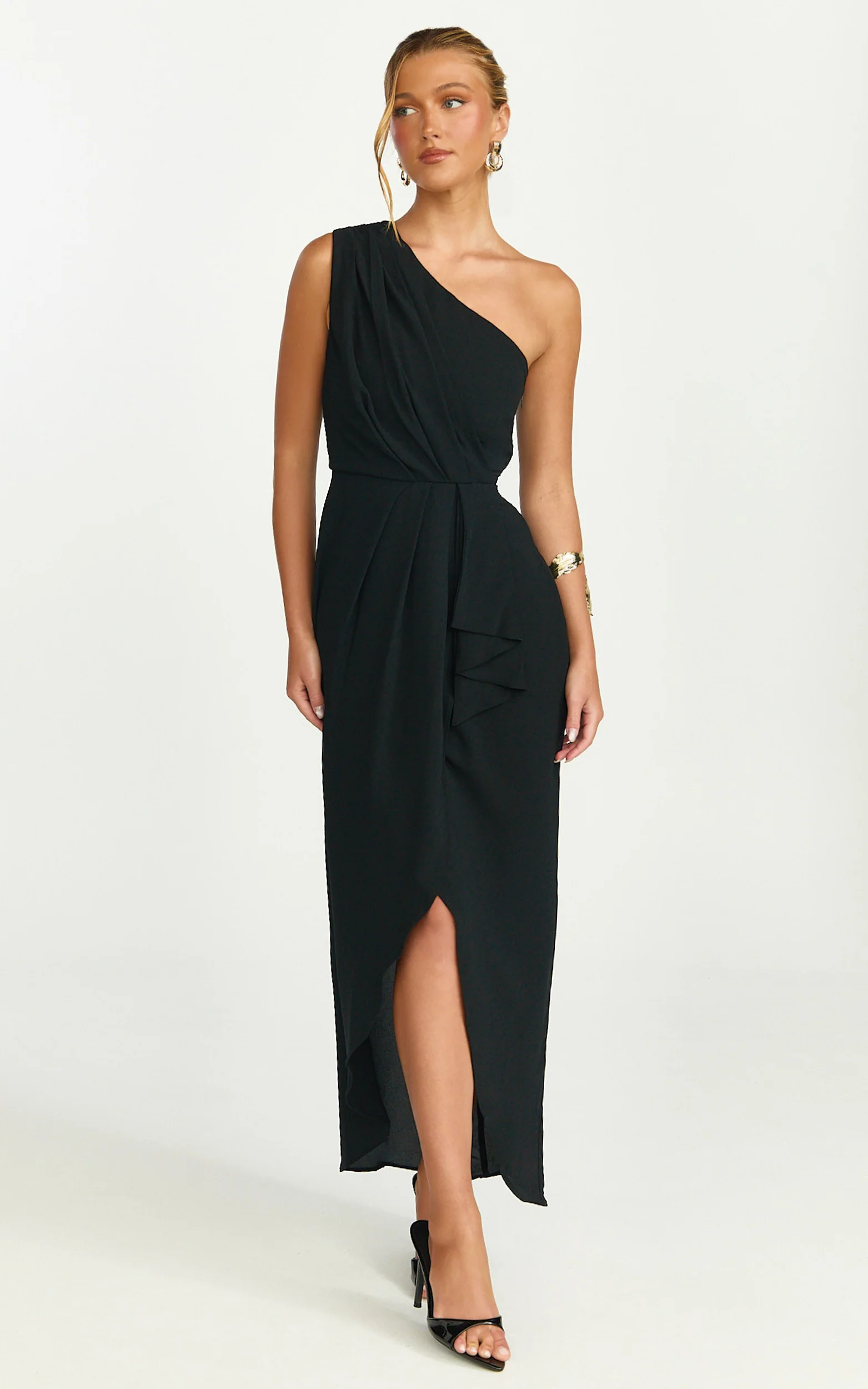 Namaari Midi Dress - Faux Wrap One Shoulder Dress in Black