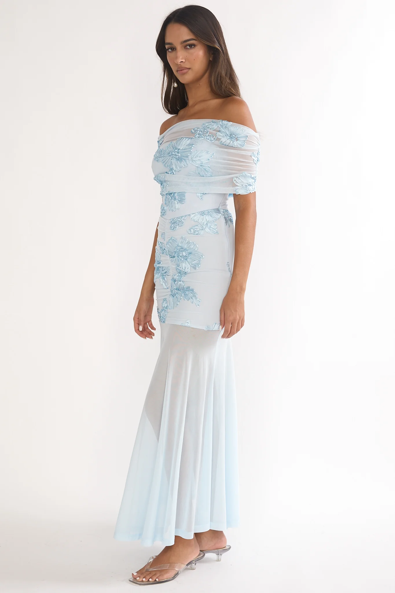 Clarita Sheer Ruched Maxi Dress Embellished Blue - luluinthesky