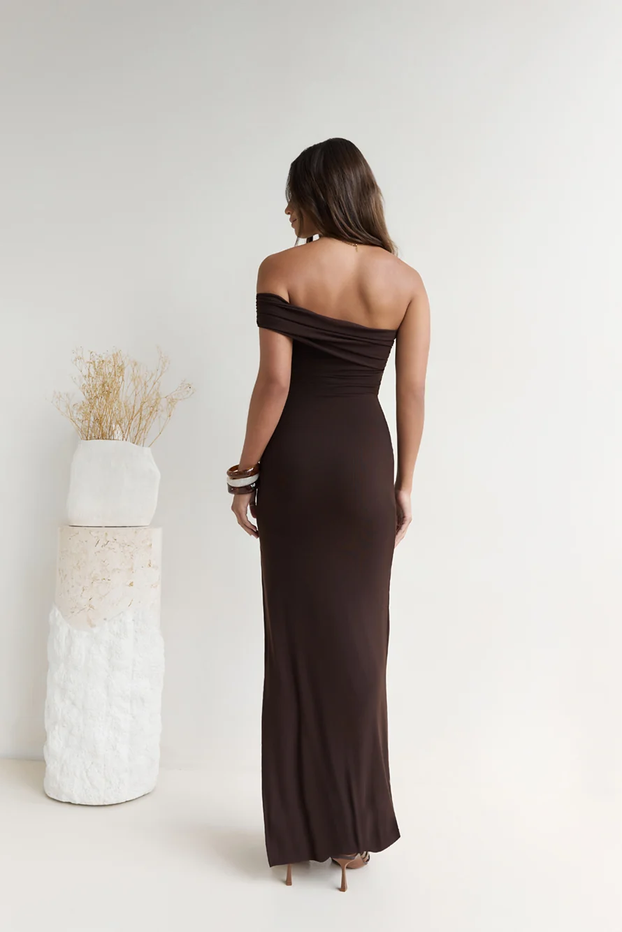 Siren Song One Shoulder Mesh Maxi Dress Espresso
