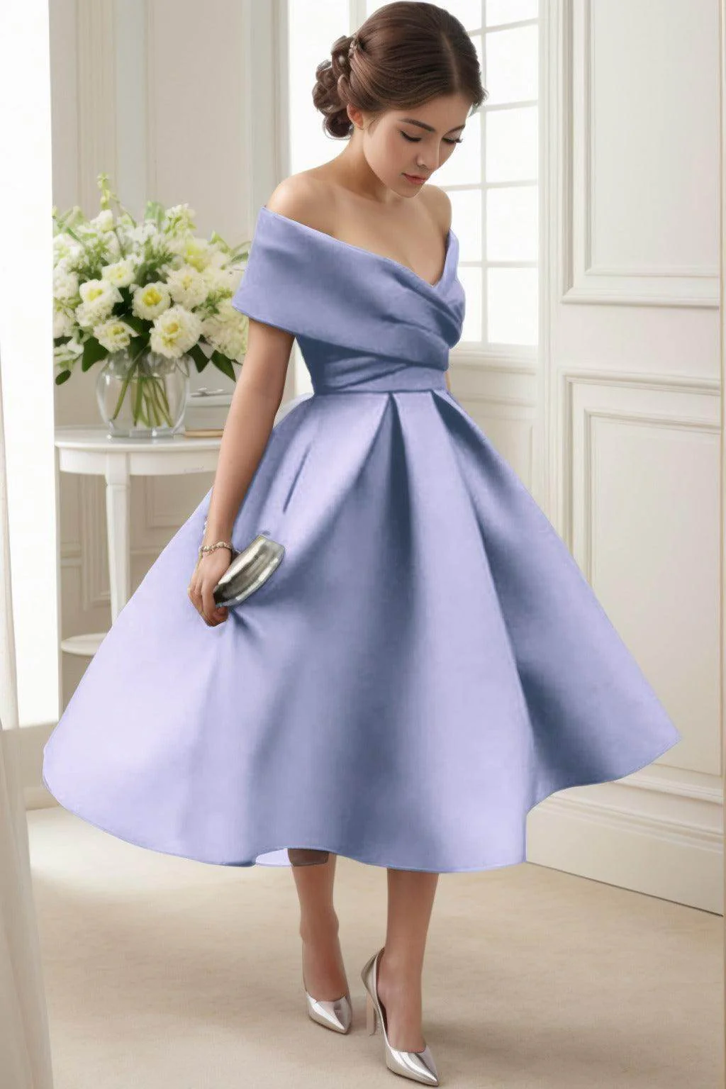 A-Line Tea Length Satin Graduation Dresses CS0556