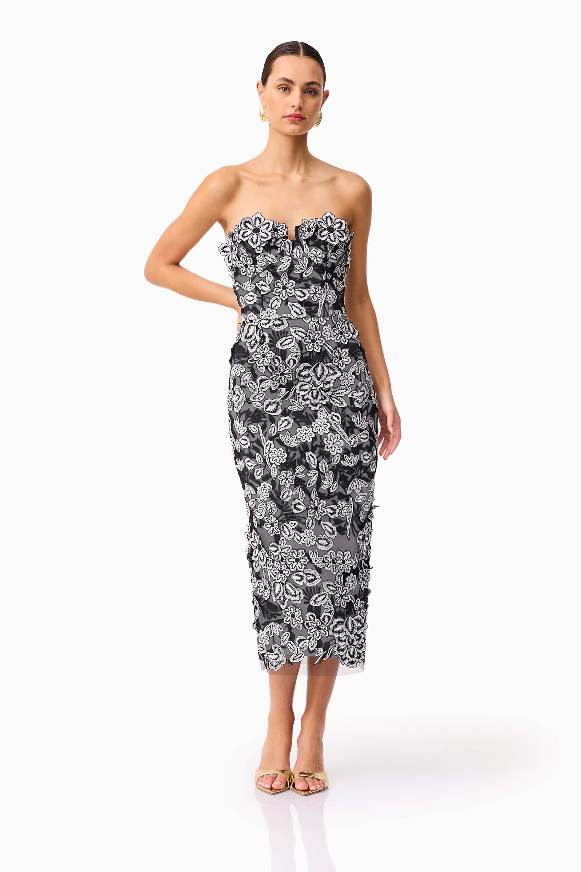 Roseate Strapless Midi Dress in Black
