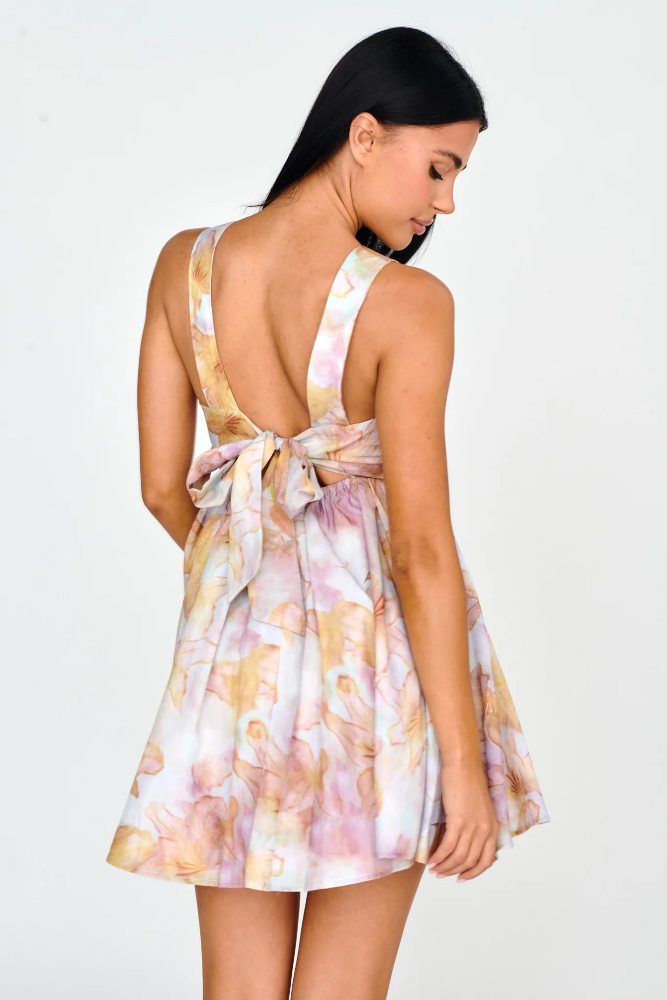 New Horizons Square Neckline Tied Mini Dress Yellow