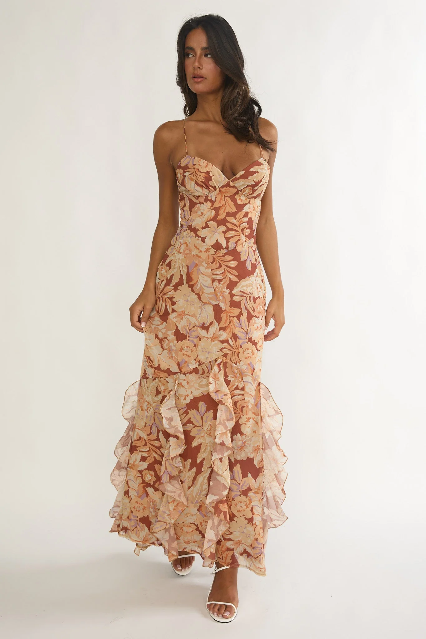 Charlisa Strappy Back Ruffle Maxi Dress Floral Yellow