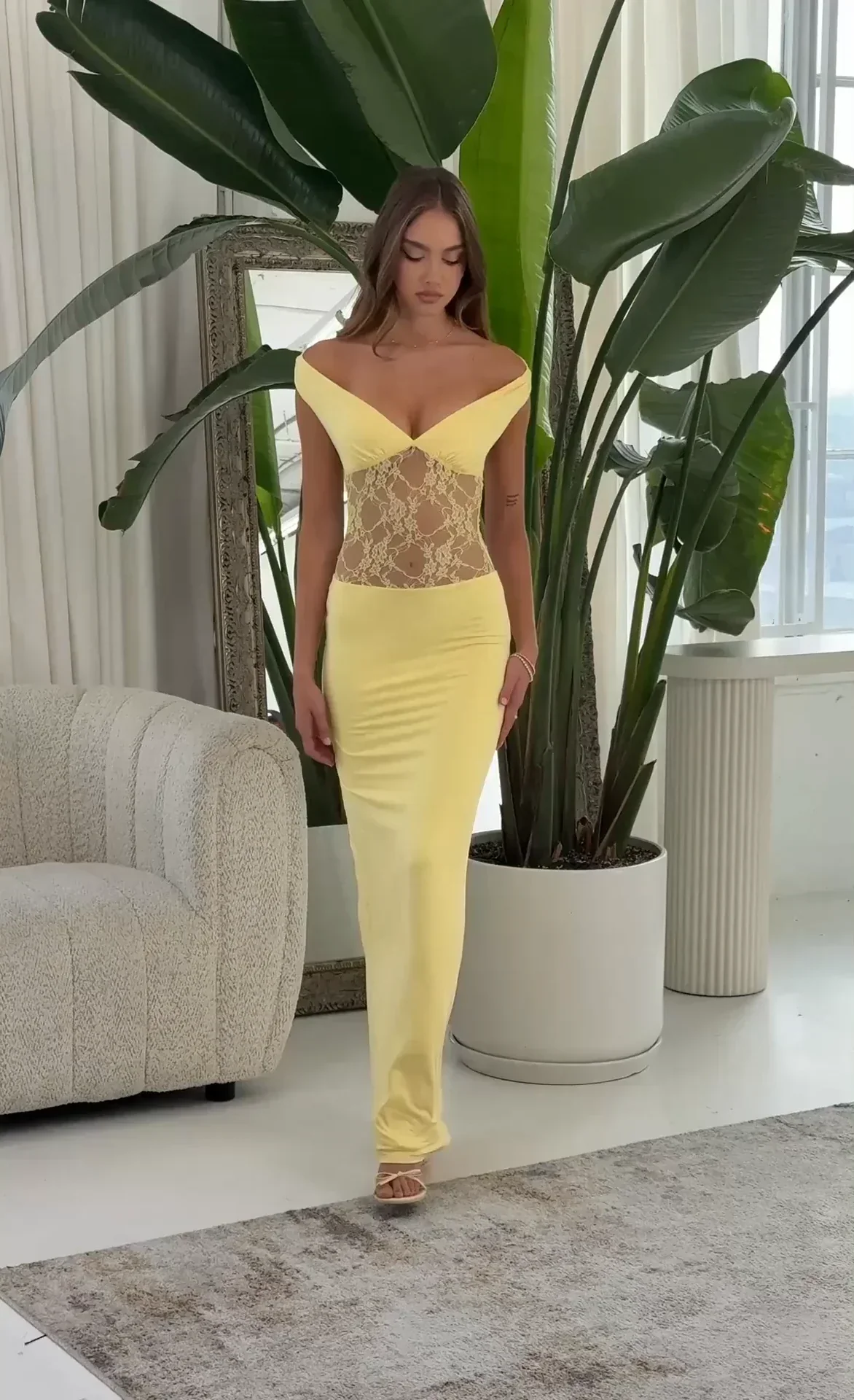 Off Shoulder Lace Cutout Maxi Dress in Yellow