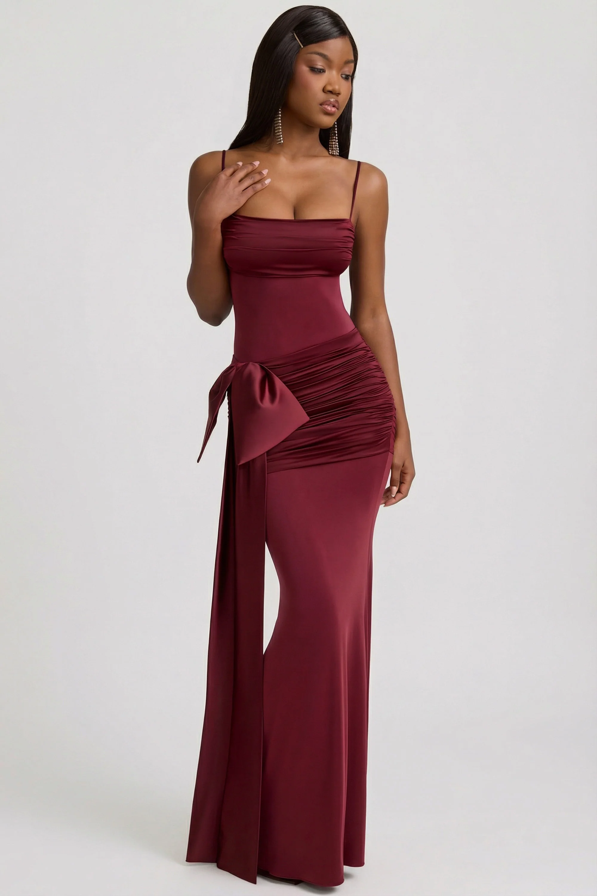 Bow-Detail Ruched Maxi Dress in Wine Red