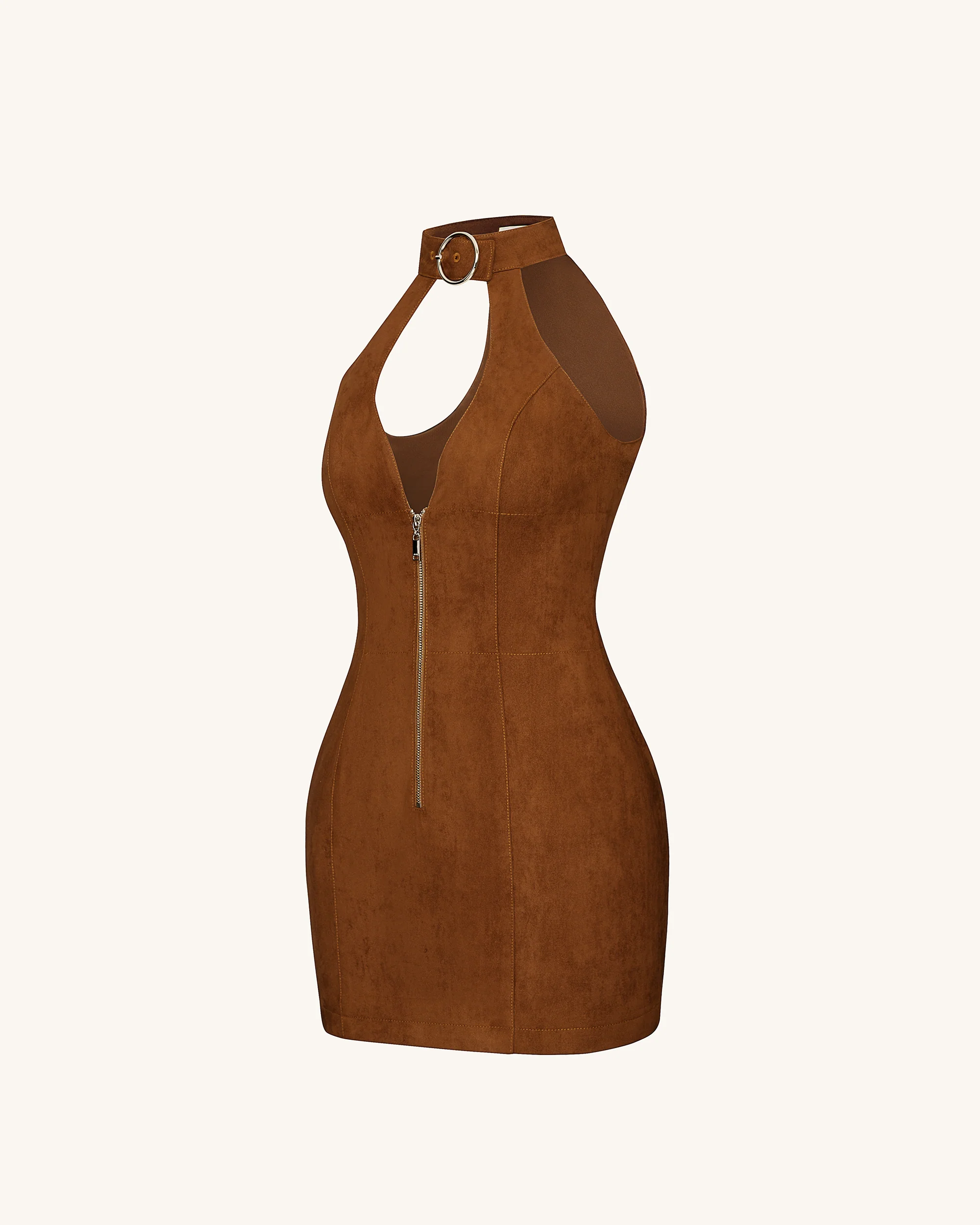 Ruby Halter Neck Zipper Mini Dress - Brown - FASHION NOB