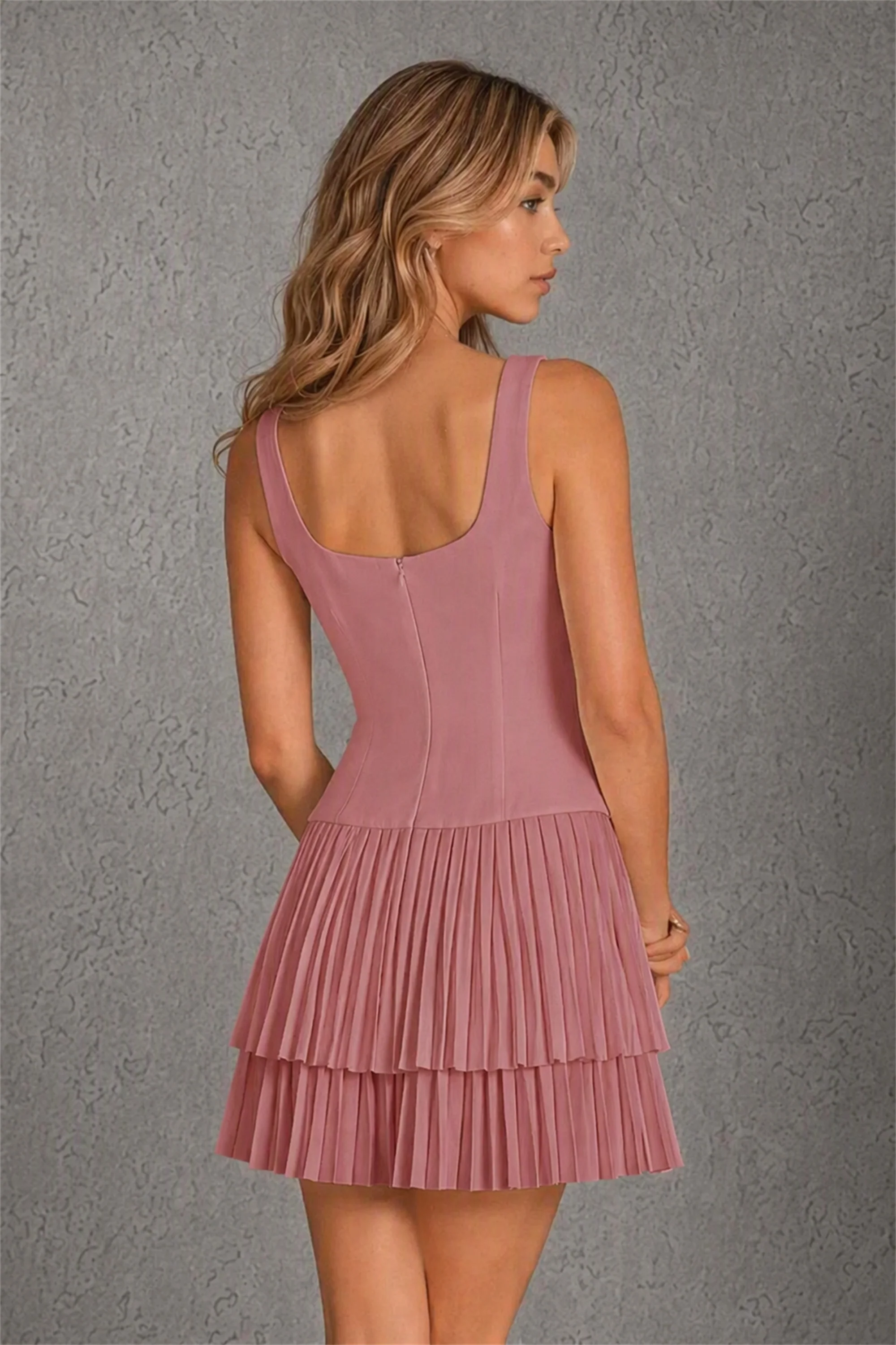 BOLODOO Dusty Rose Knit Square Neck Wide Strap Corset Bodice Tiered Pleated Mini Dress with Low Back