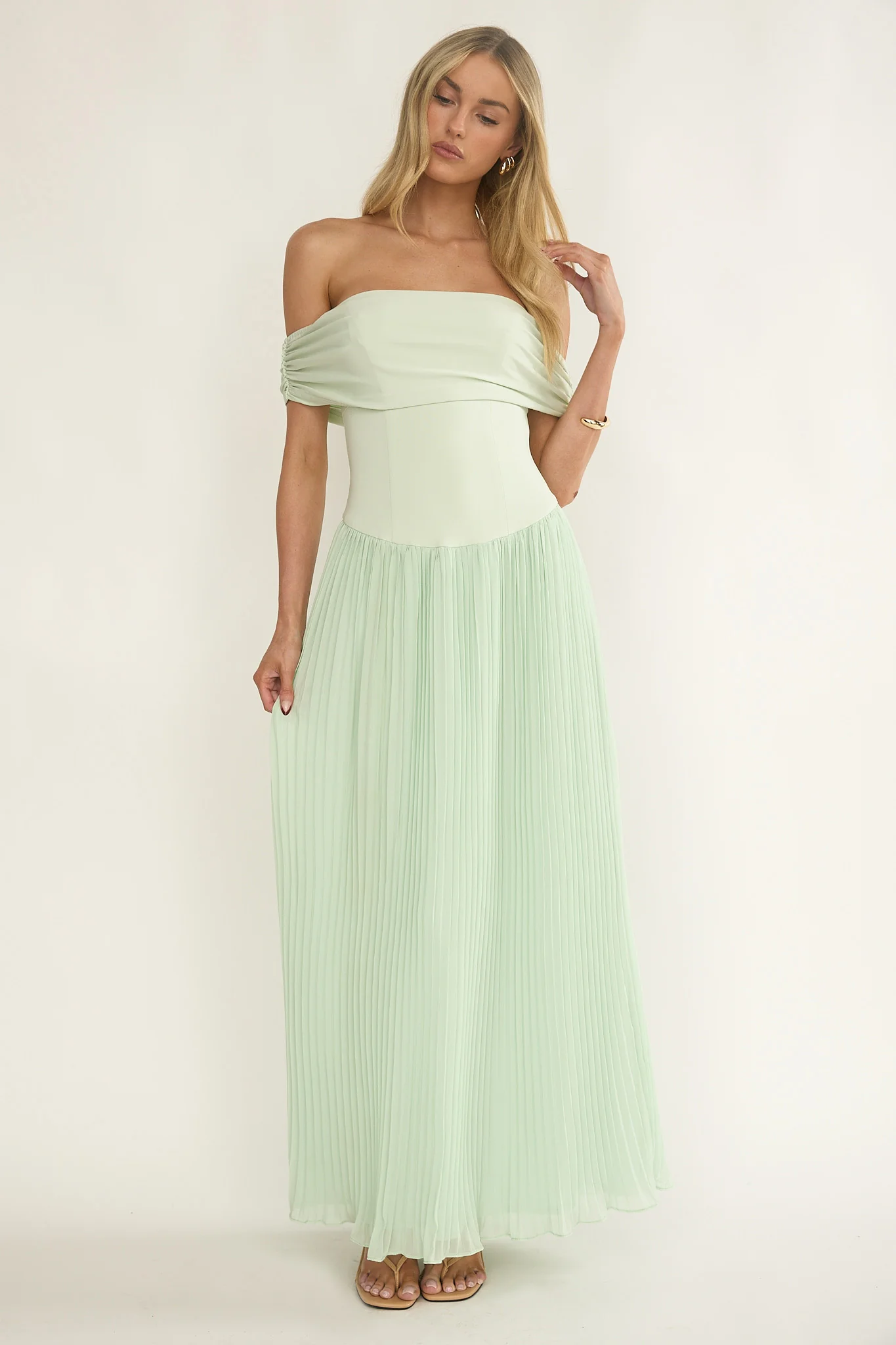 Flutters Off-Shoulder Accordion Pleat Dress Sage