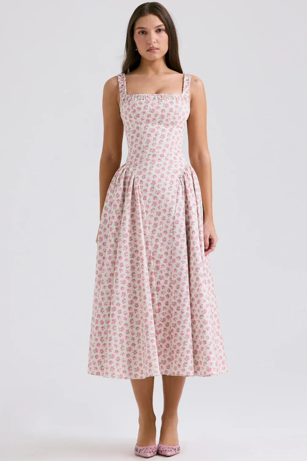 White Rosebud Print Cotton Midi Sundress
