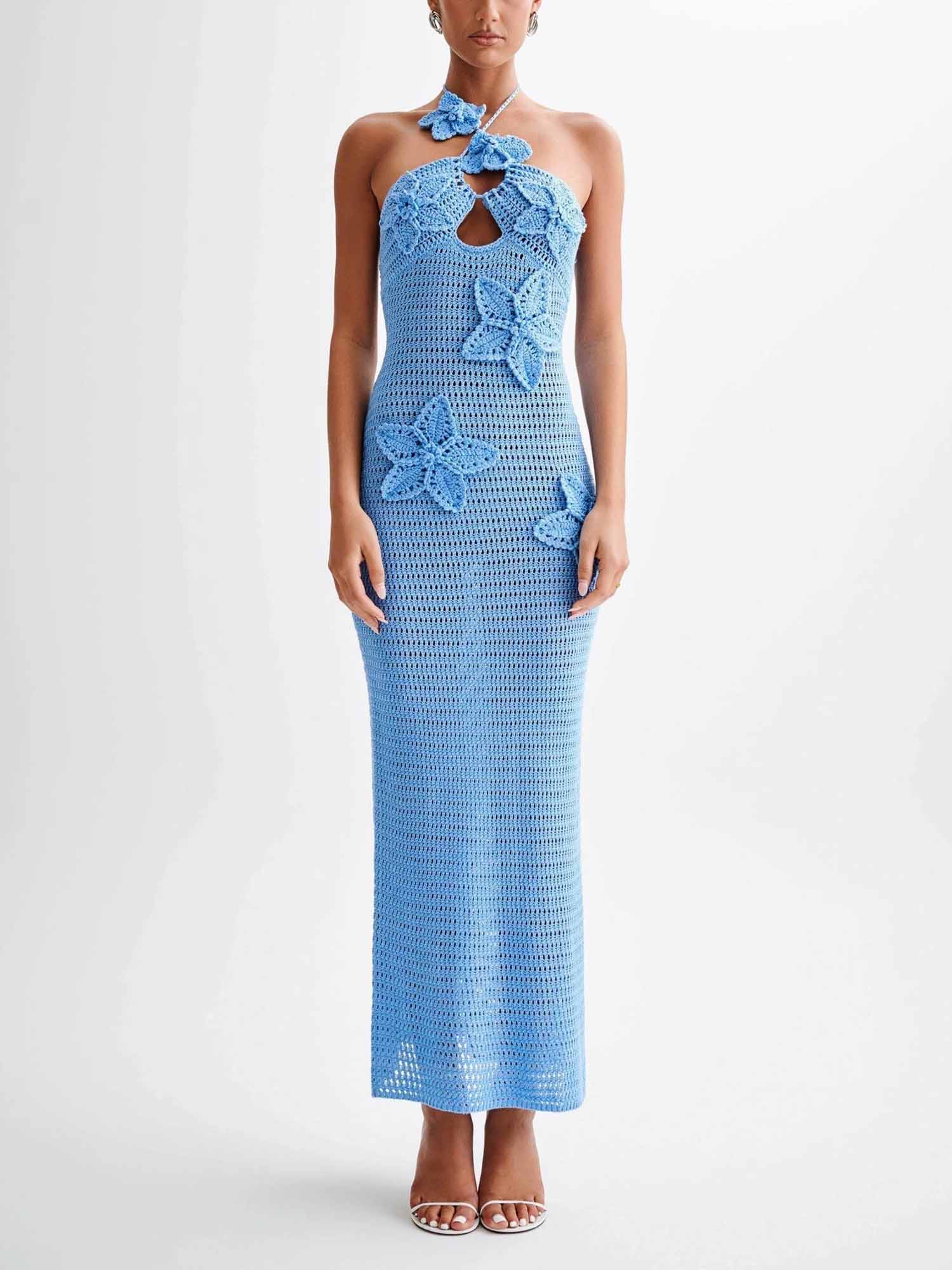 Blue Crochet Halter Maxi Dress