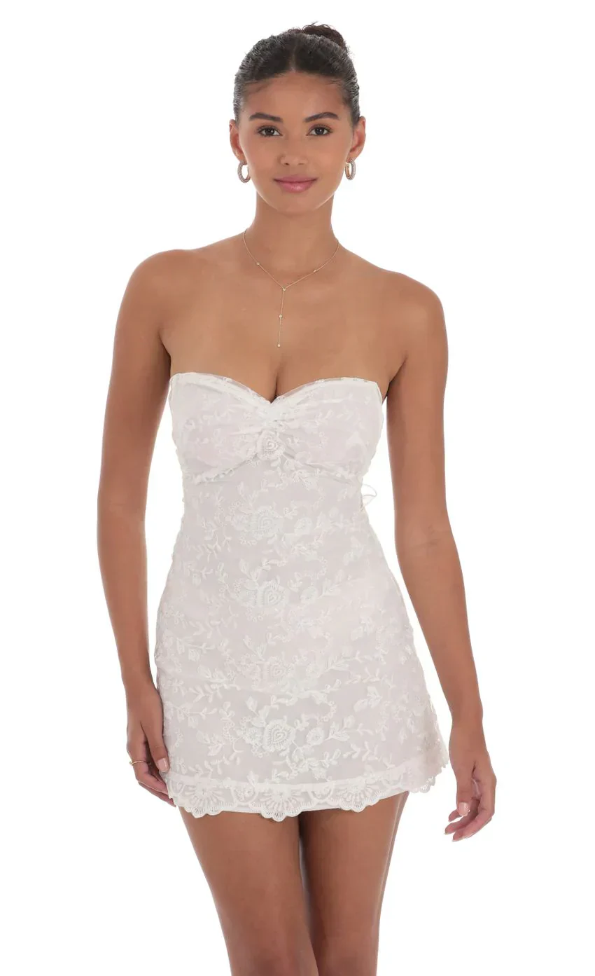 Embroidered Floral Strapless Dress in White